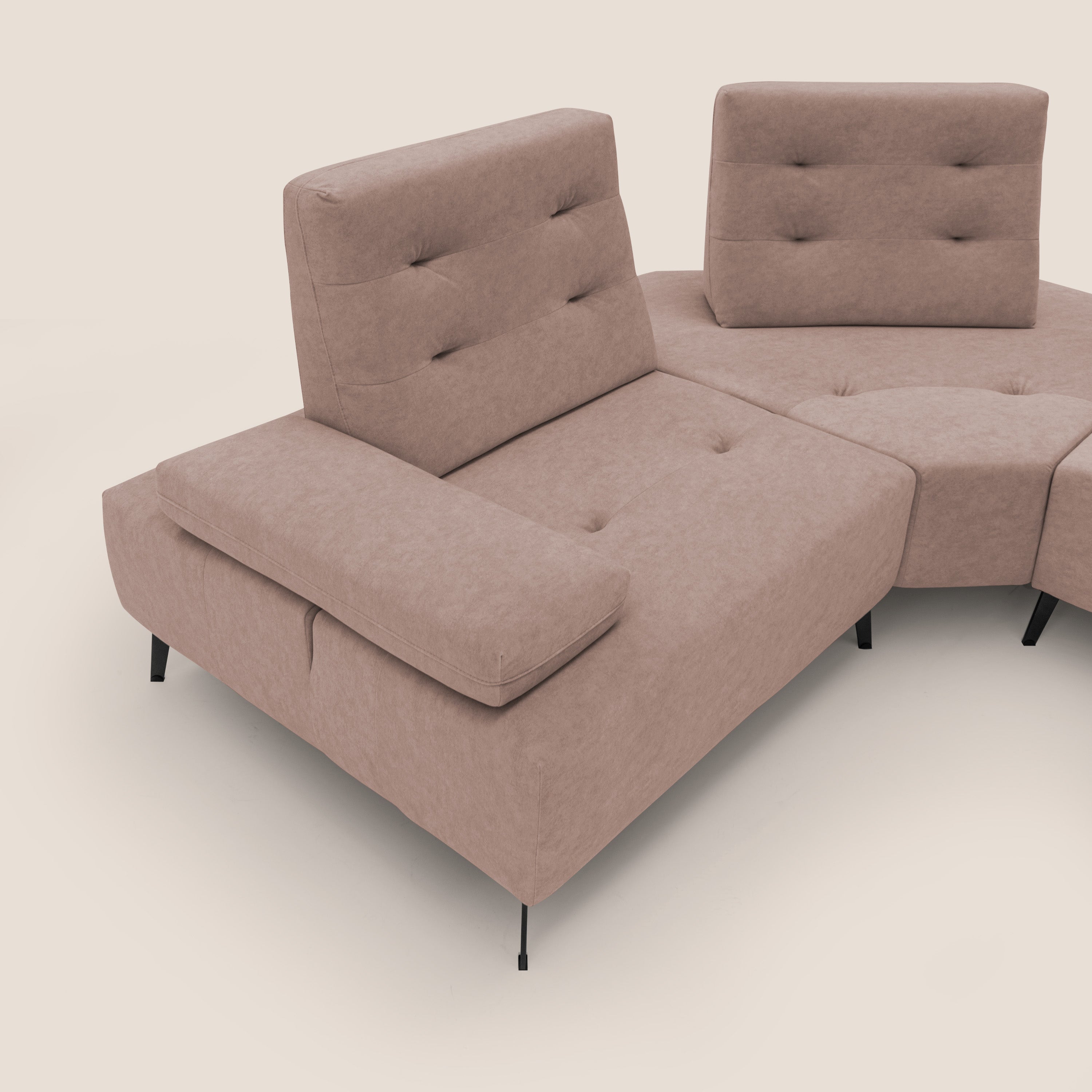 Lugano Divano angolare con schienali traslanti in microfibra effetto velluto T09 rosa - divani.store