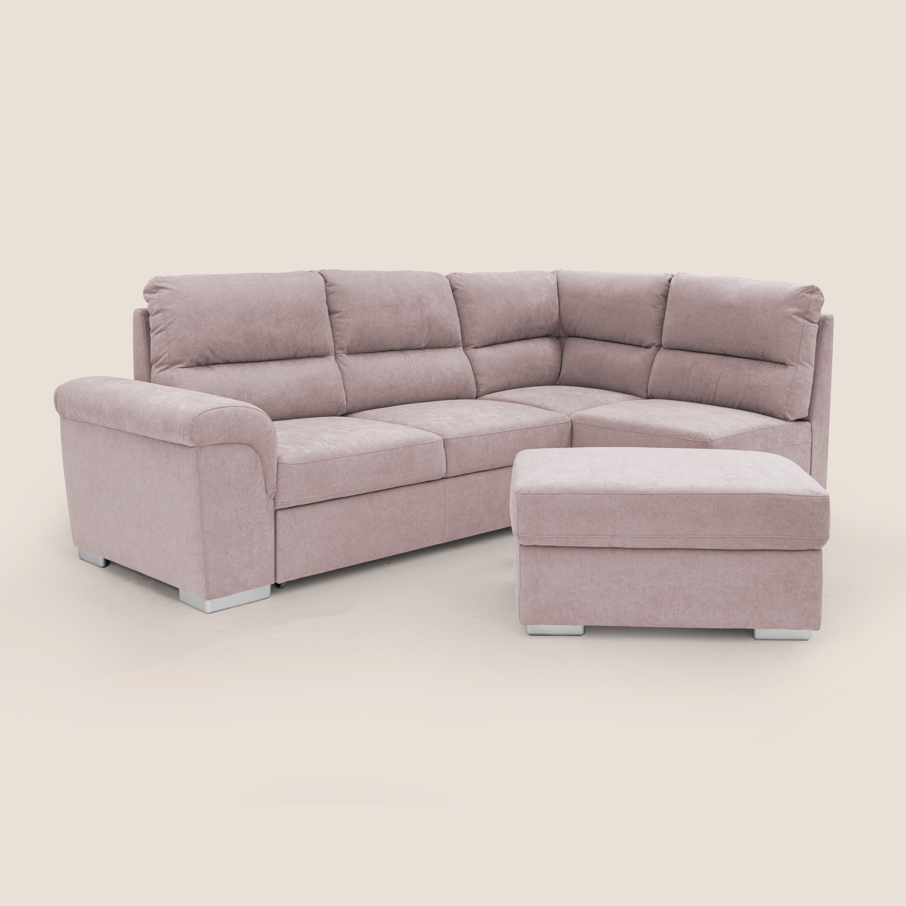 Minerva divano angolare con estraibile a cassettone e pouf contenitore in tessuto morbido impermeabile T02 rosa - divani.store