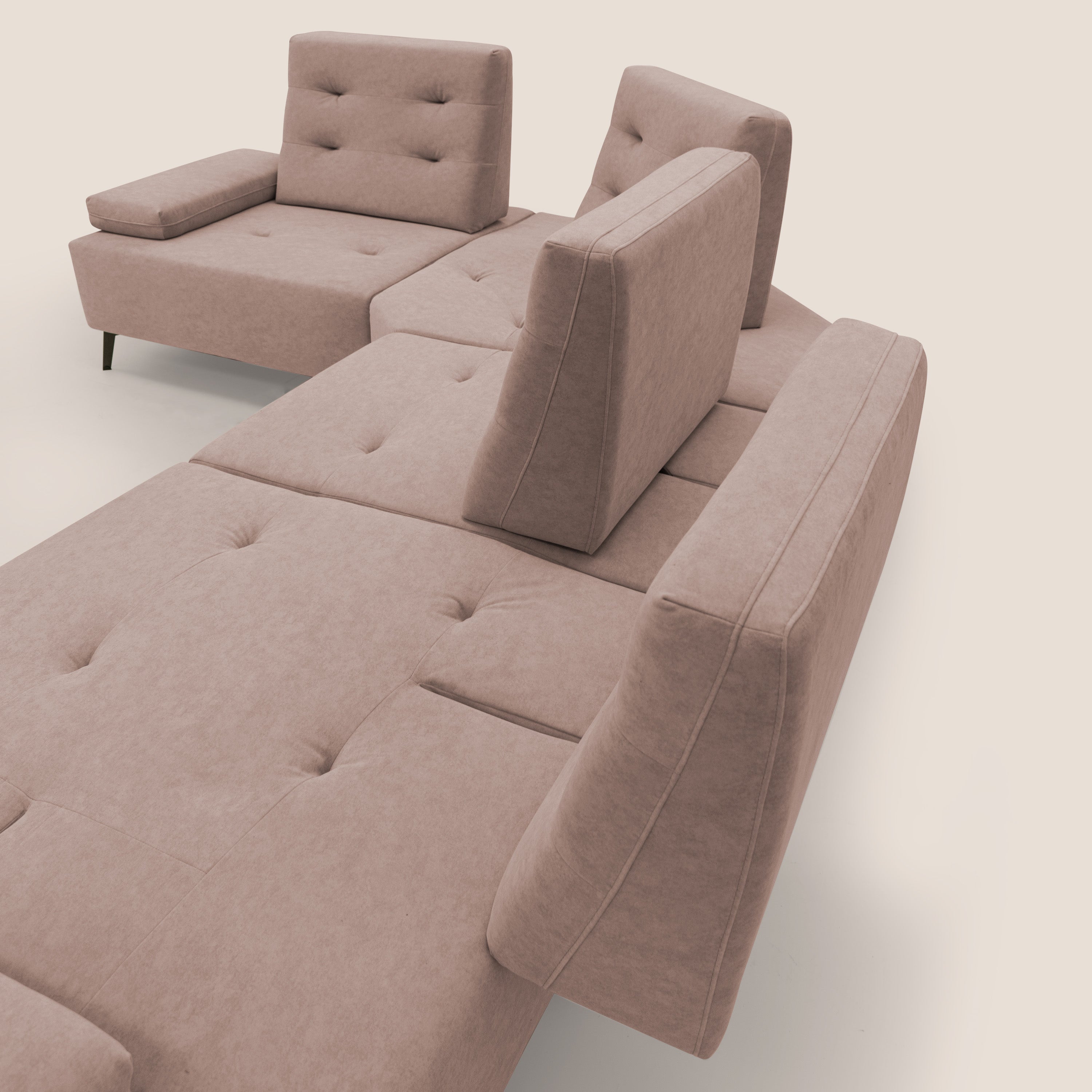 Lugano Divano angolare con schienali traslanti in microfibra effetto velluto T09 rosa - divani.store