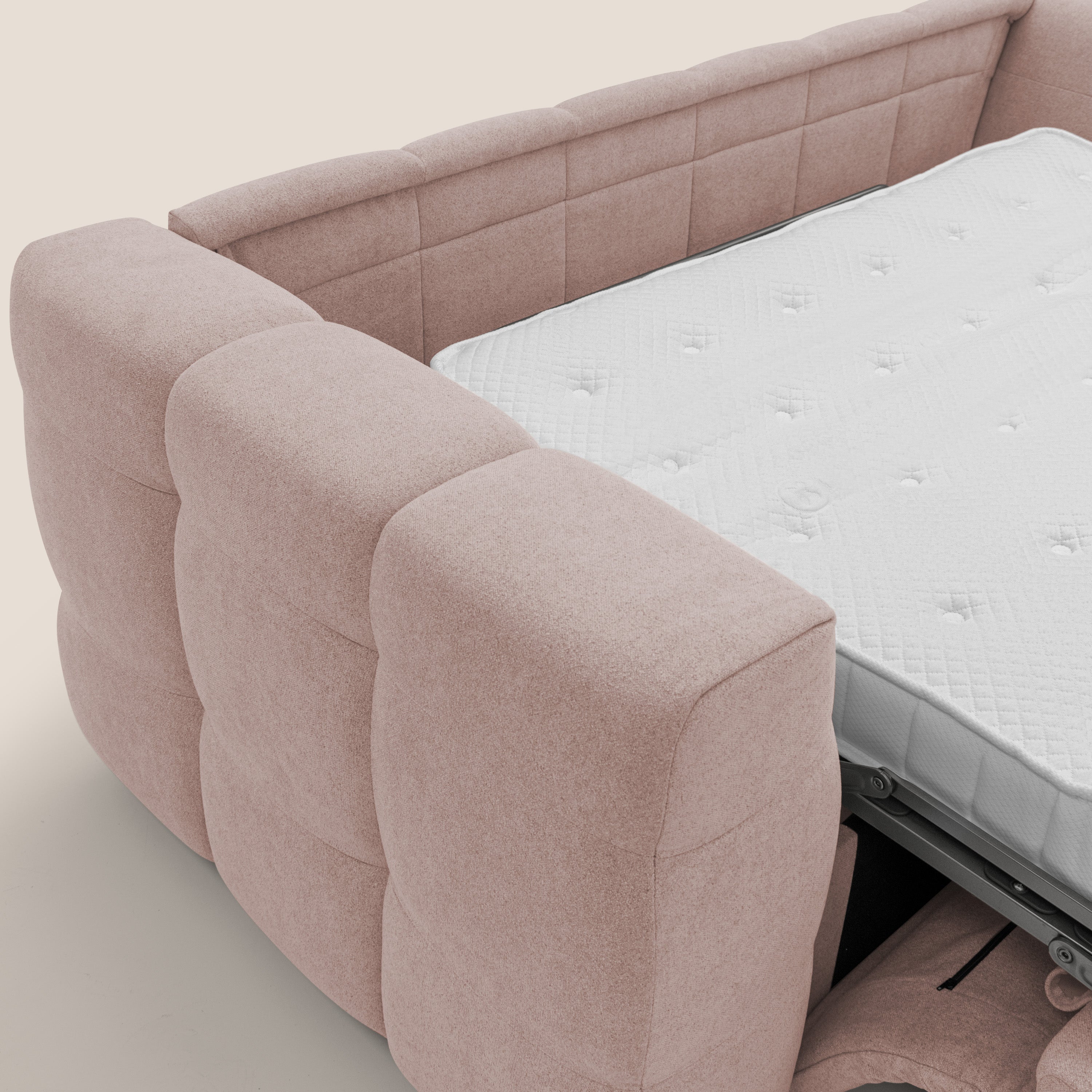 Tender Divano letto matrimoniale dal design innovativo in tessuto bouclet impermeabile T07 rosa - divani.store