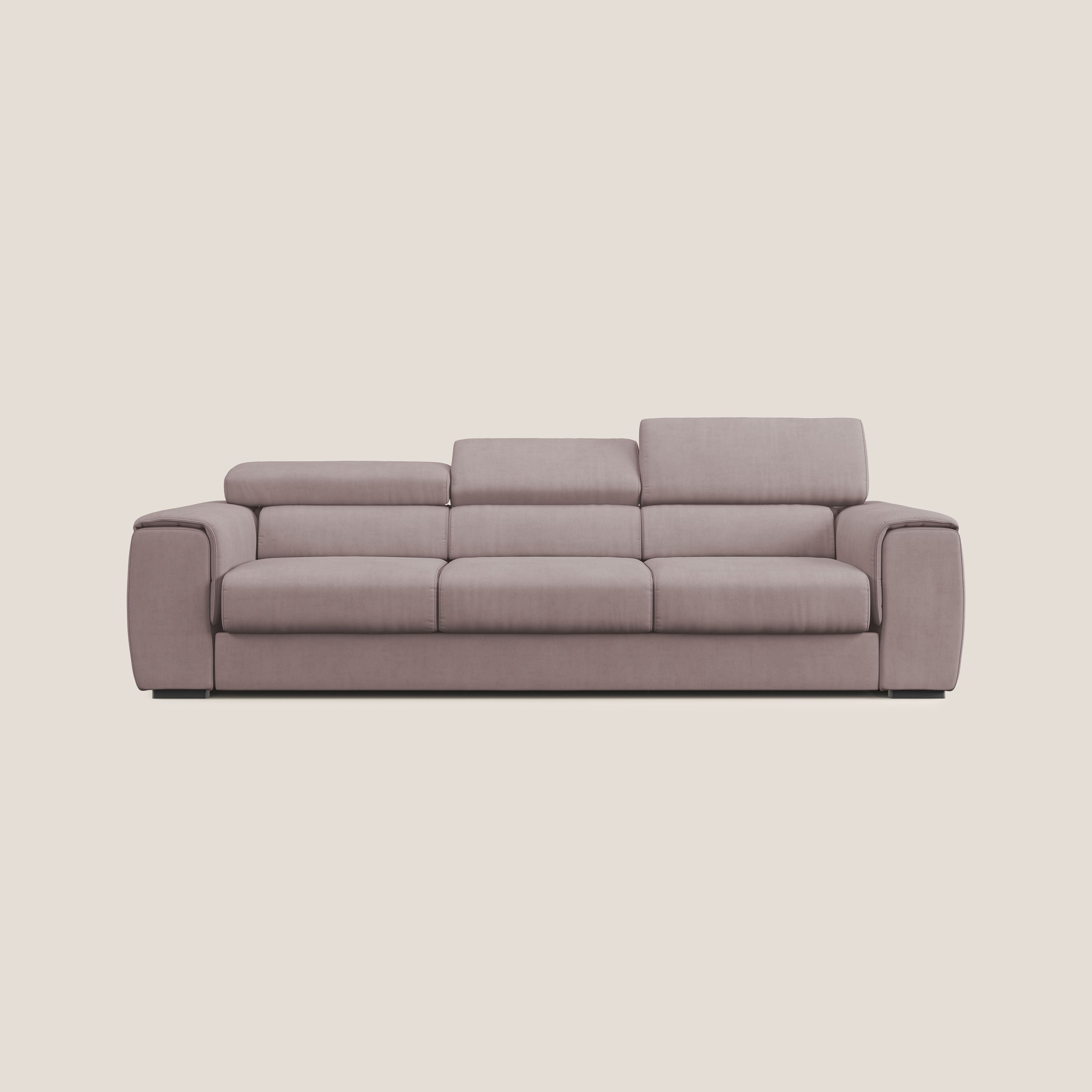 Zeno Divano con pouf estraibile poggiapiedi a 3 sedute in tessuto morbido impermeabile T02 rosa - divani.store