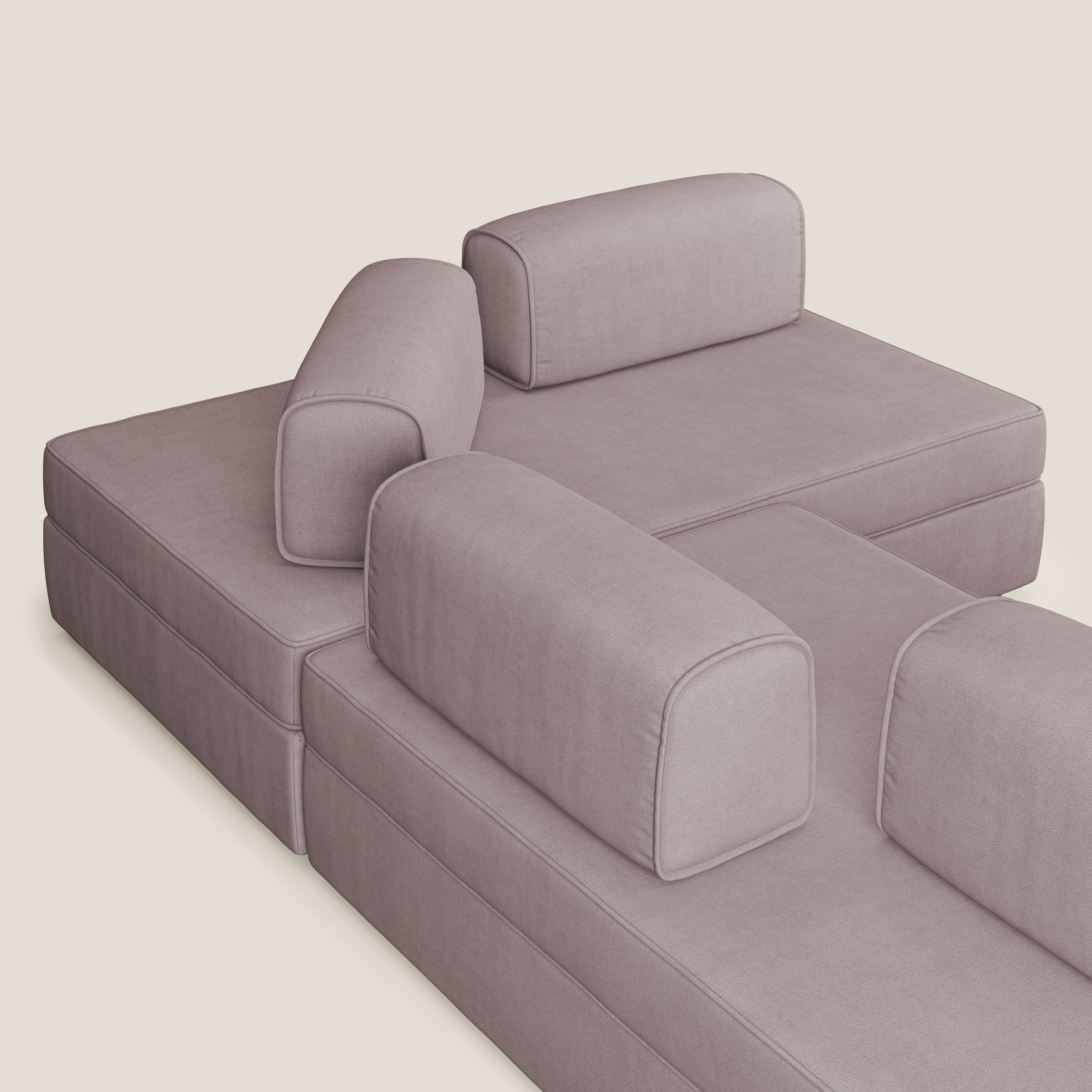 Liberty divano angolare con pouf estraibile e schienali movibili in tessuto morbido impermeabile T02 rosa - divani.store