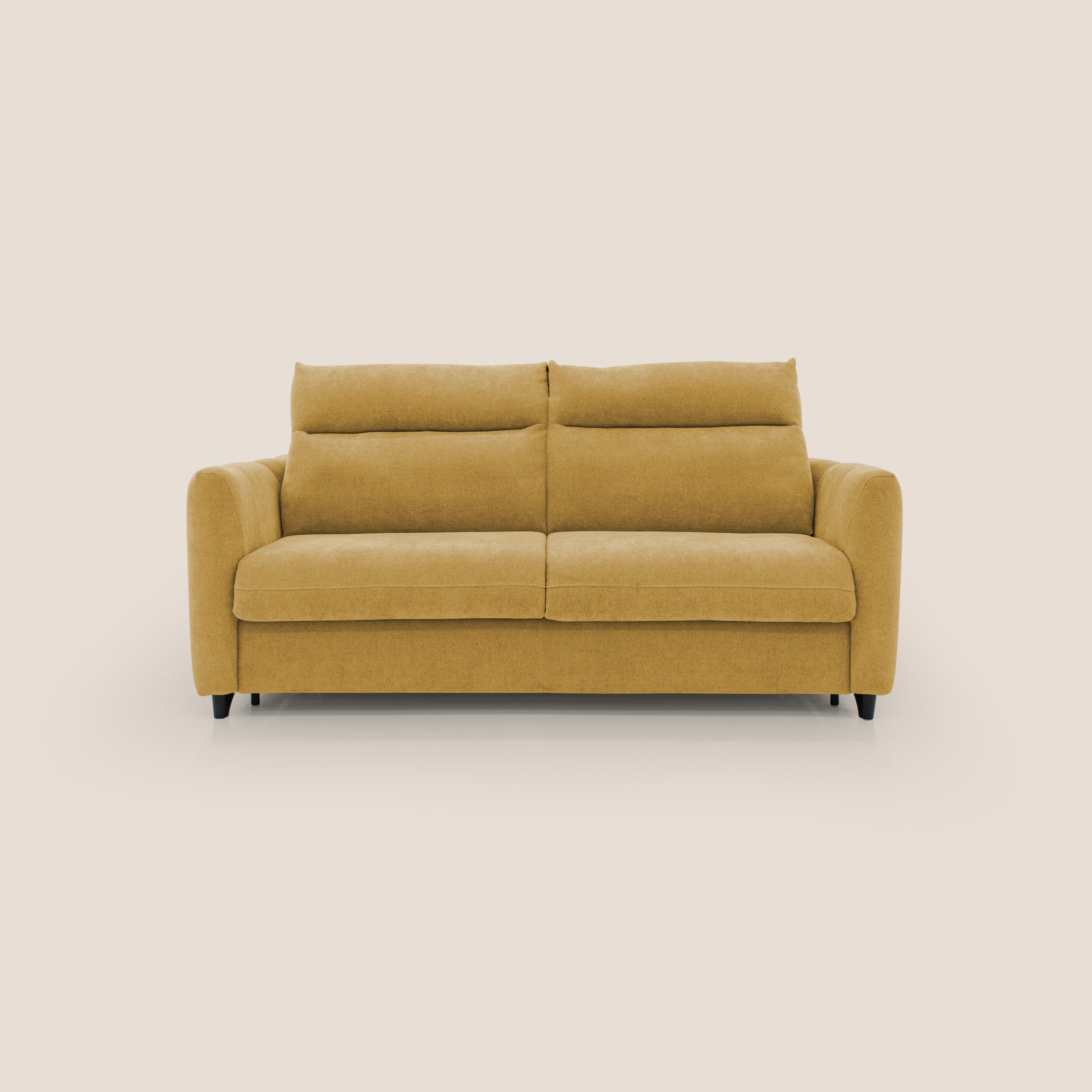Peonia divano letto scandinavo con materasso H18 cm e morbido e alto schienale in tessuto Bouclé impermeabile T07 giallo - divani.store