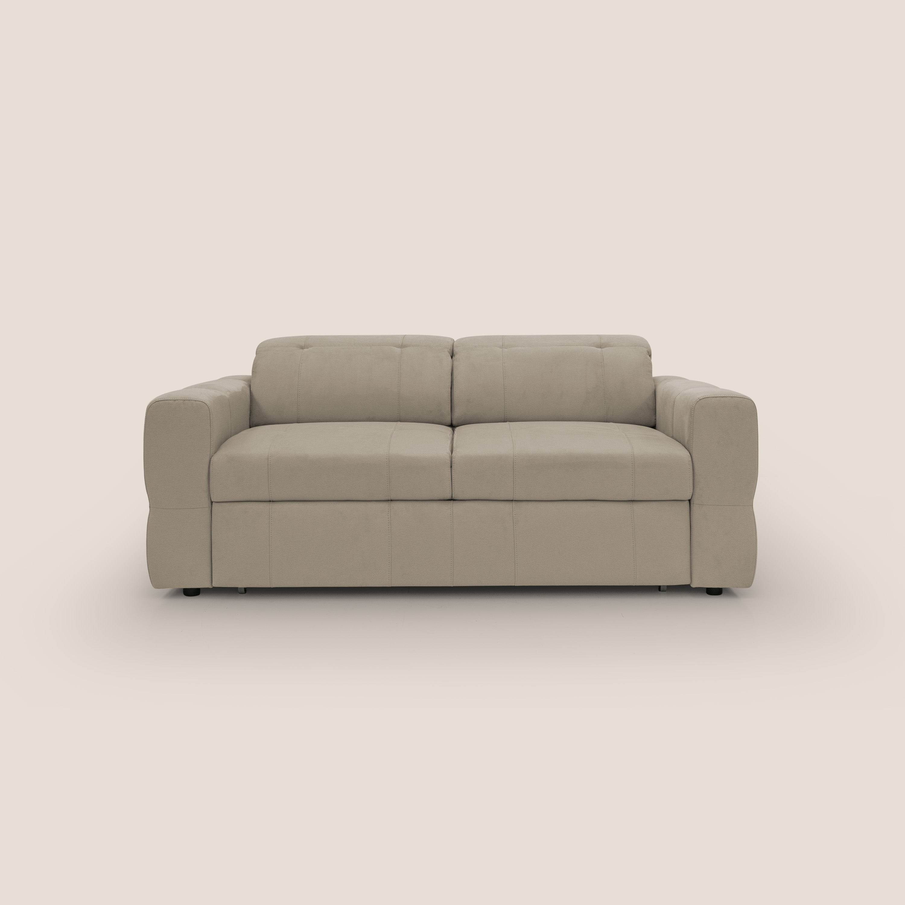 Kronos Divano con pouf estraibile poggiapiedi e poggiatesta reclinabili in morbida microfibra impermeabile T11 tortora - divani.store