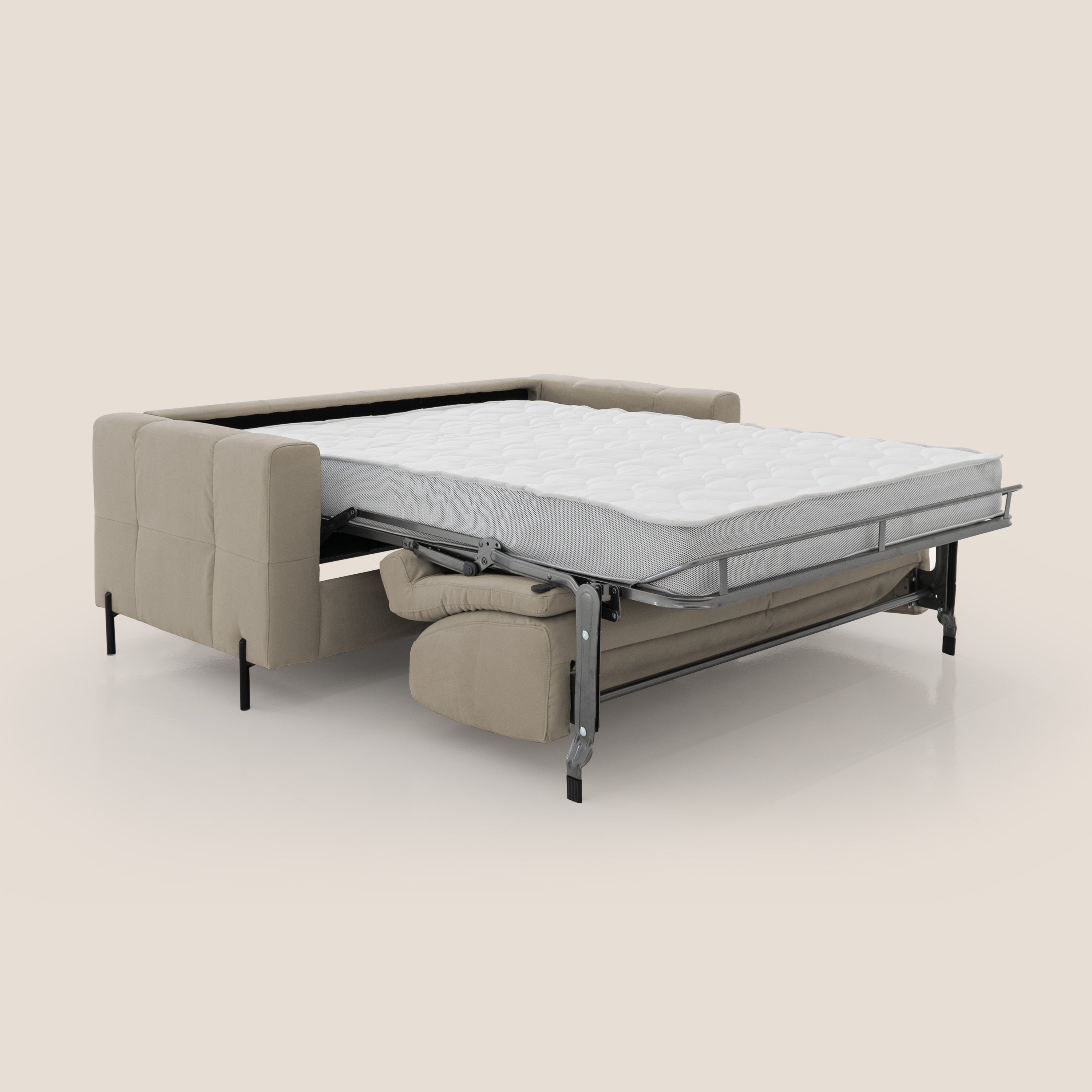 Ortensia divano letto materasso H18 cm con piedi alti in elegante microfibra smacchiabile T11 tortora - divani.store