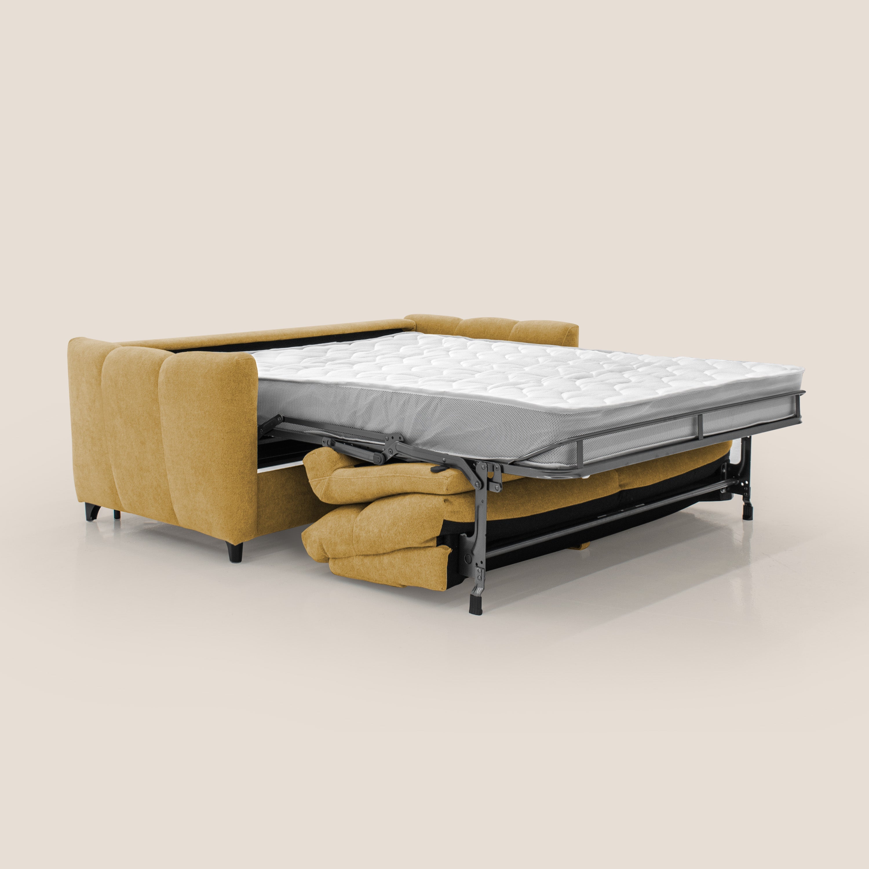 Peonia divano letto scandinavo con materasso H18 cm e morbido e alto schienale in tessuto Bouclé impermeabile T07 giallo - divani.store