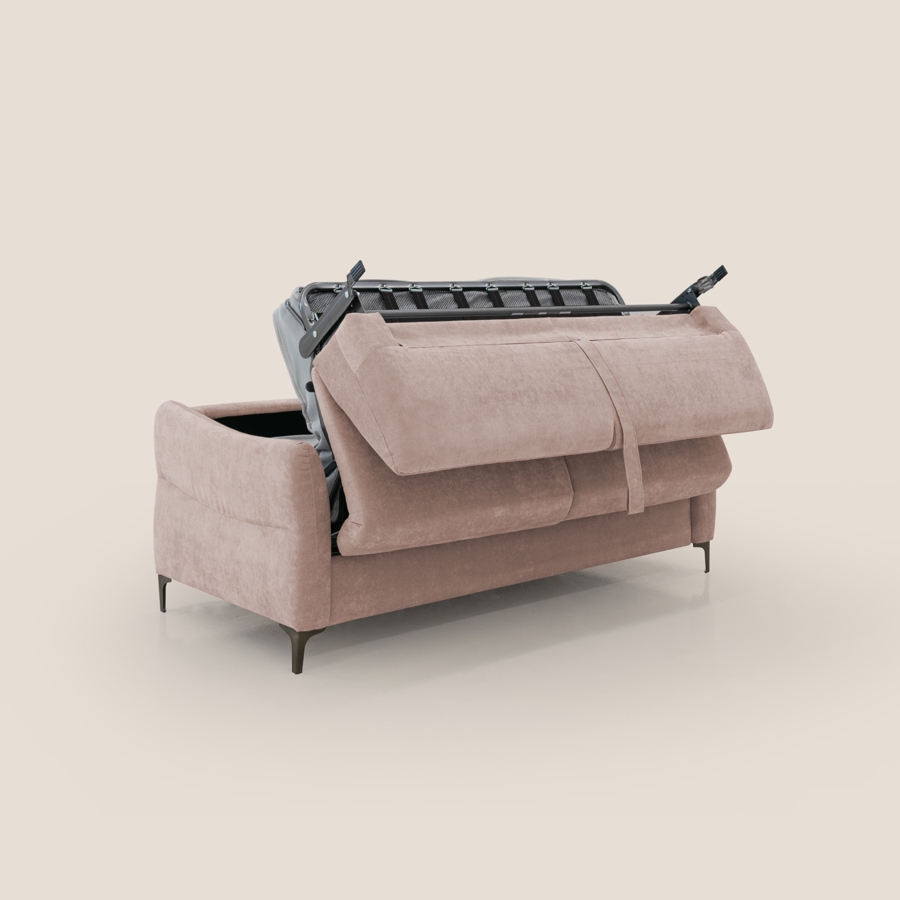 Dalia divano letto con materasso H18 cm e piedi alti in raffinato tessuto smacchiabile T17 rosa - divani.store