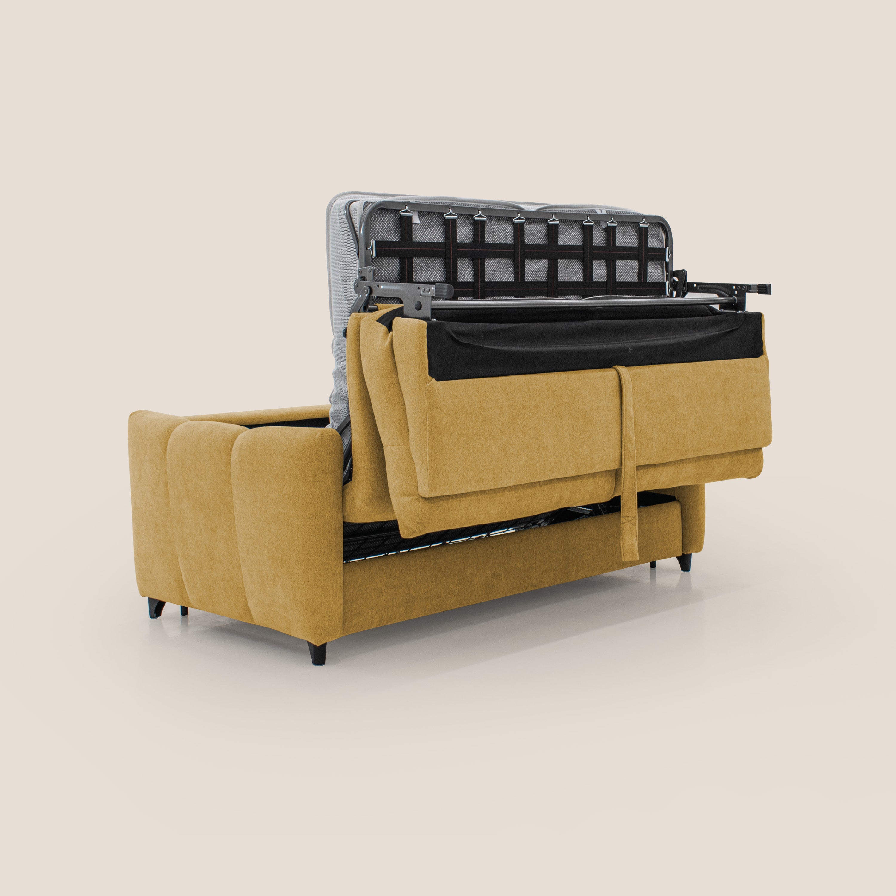 Peonia divano letto scandinavo con materasso H18 cm e morbido e alto schienale in tessuto Bouclé impermeabile T07 giallo - divani.store