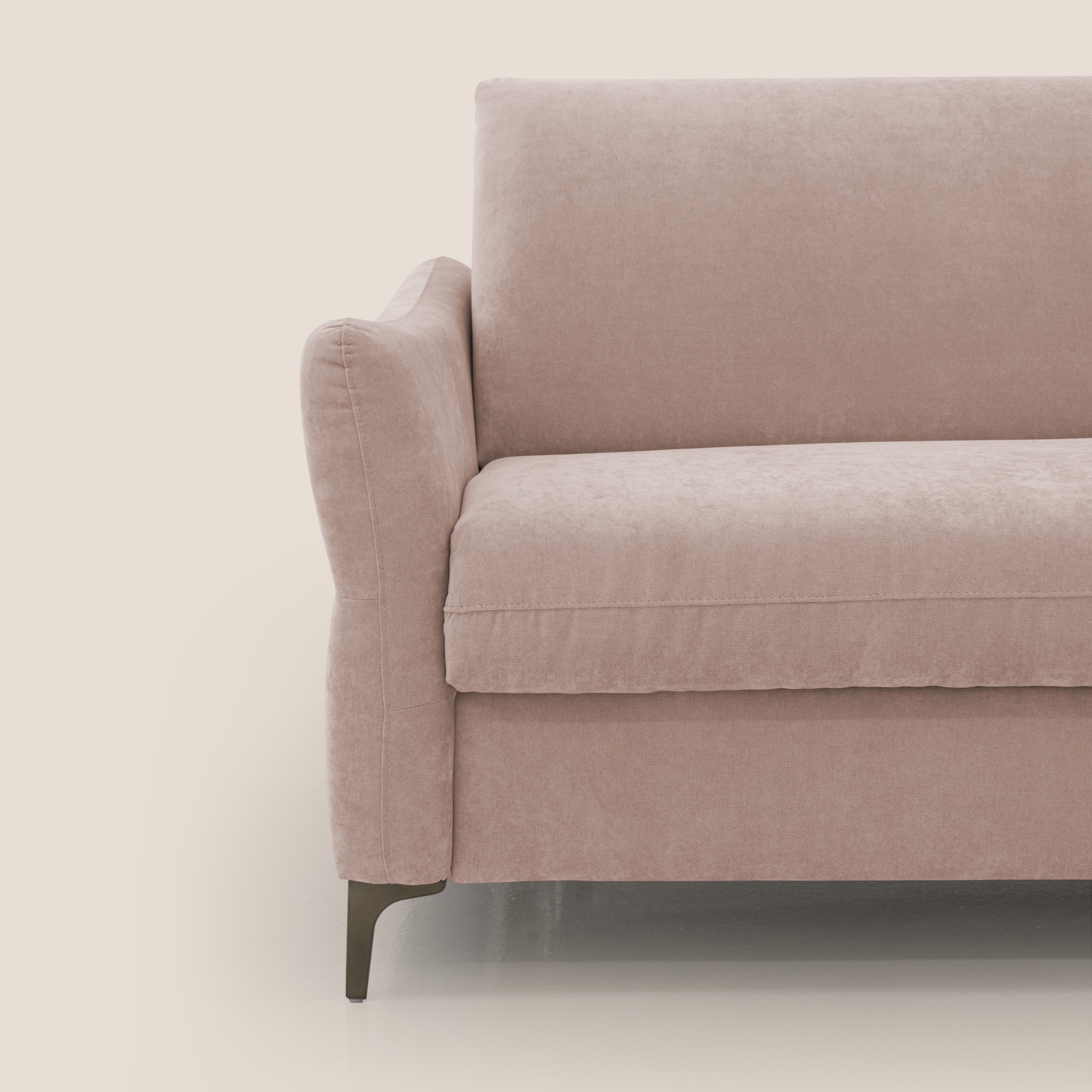Dalia divano letto con materasso H18 cm e piedi alti in raffinato tessuto smacchiabile T17 rosa - divani.store