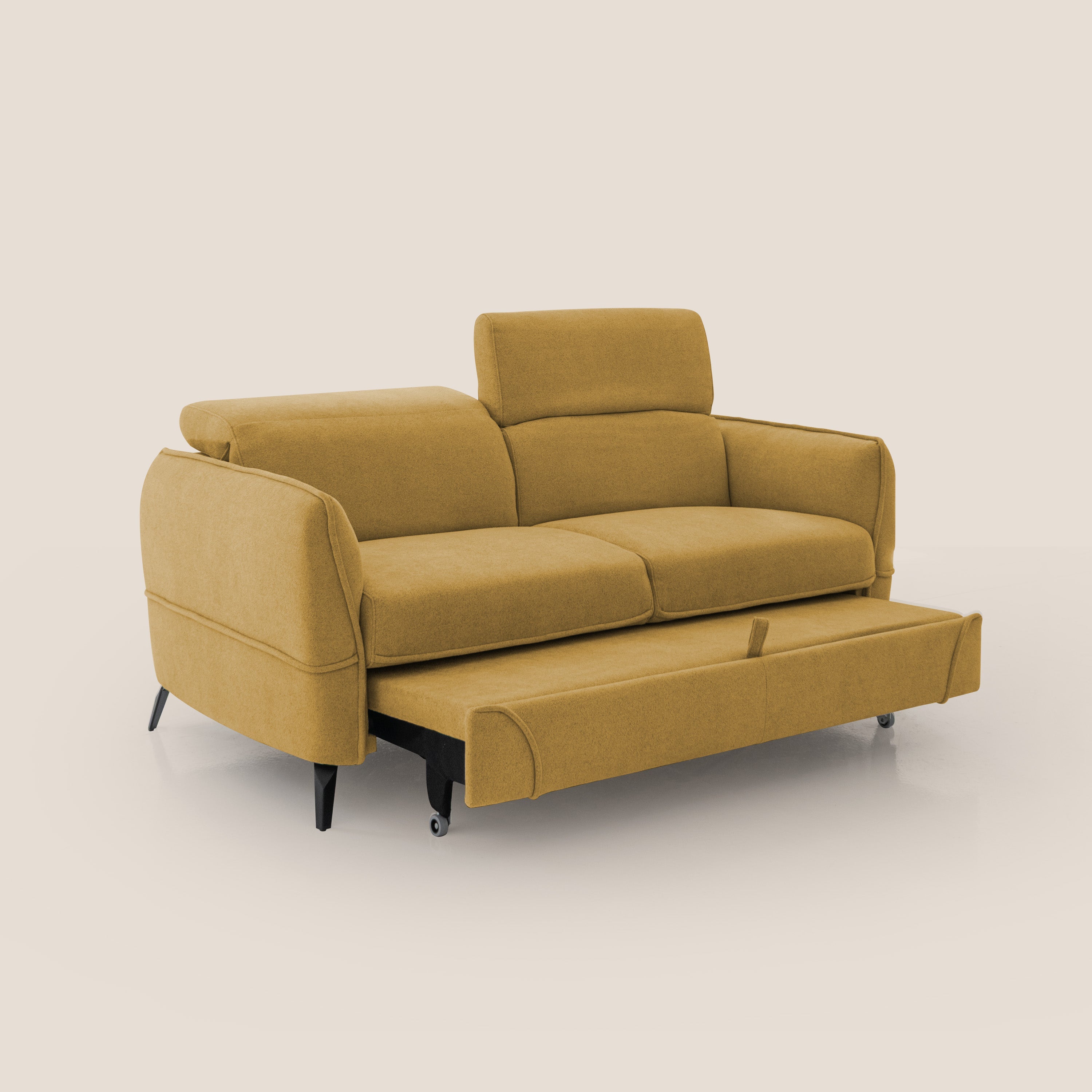 Bloom Divano con poggiapiedi estraibile piedini alti e poggiatesta reclinabili in tessuto bouclé impermeabile T07 giallo - divani.store