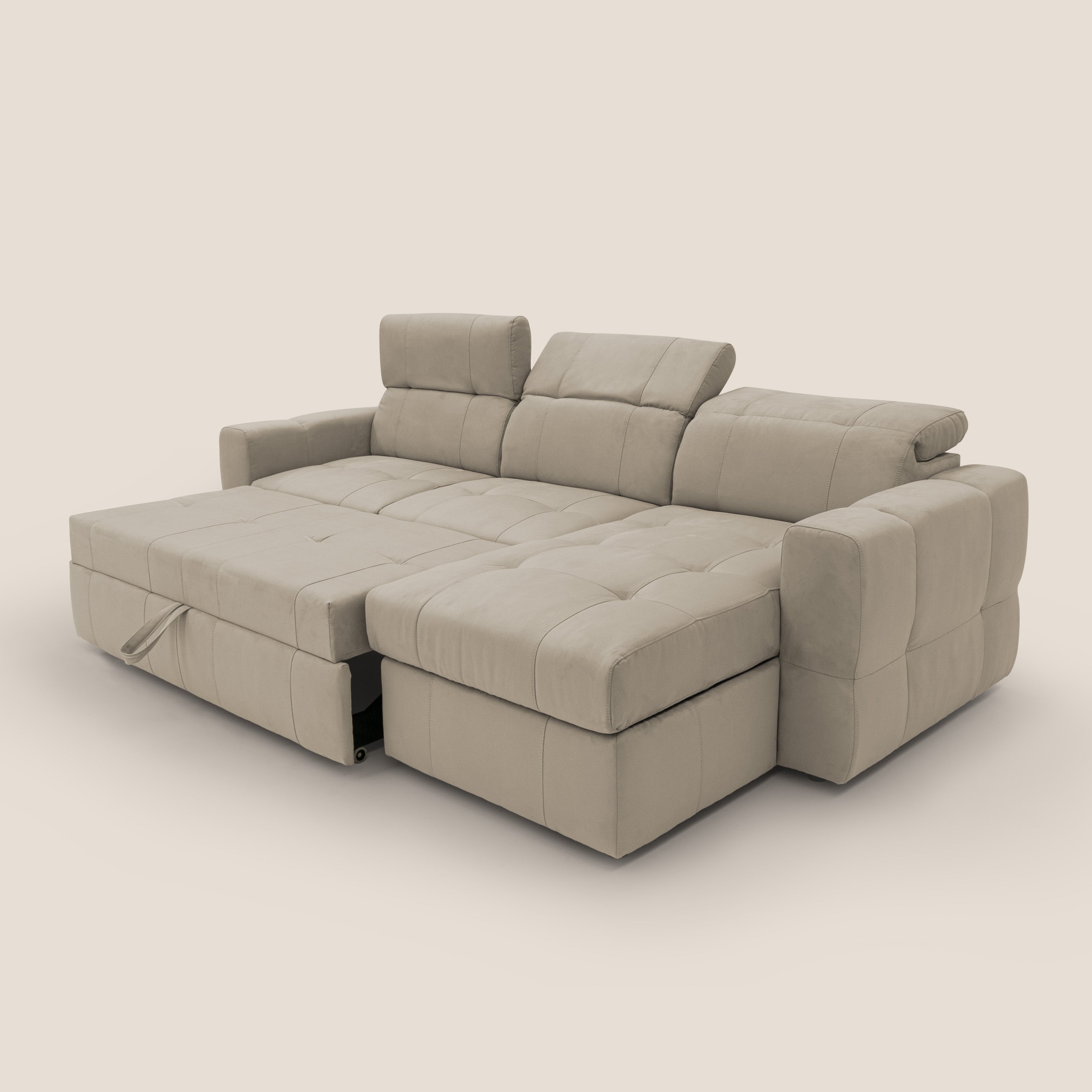 Kronos Divano angolare con pouf estraibile e penisola contenitore in microfibra impermeabile T11 tortora - divani.store