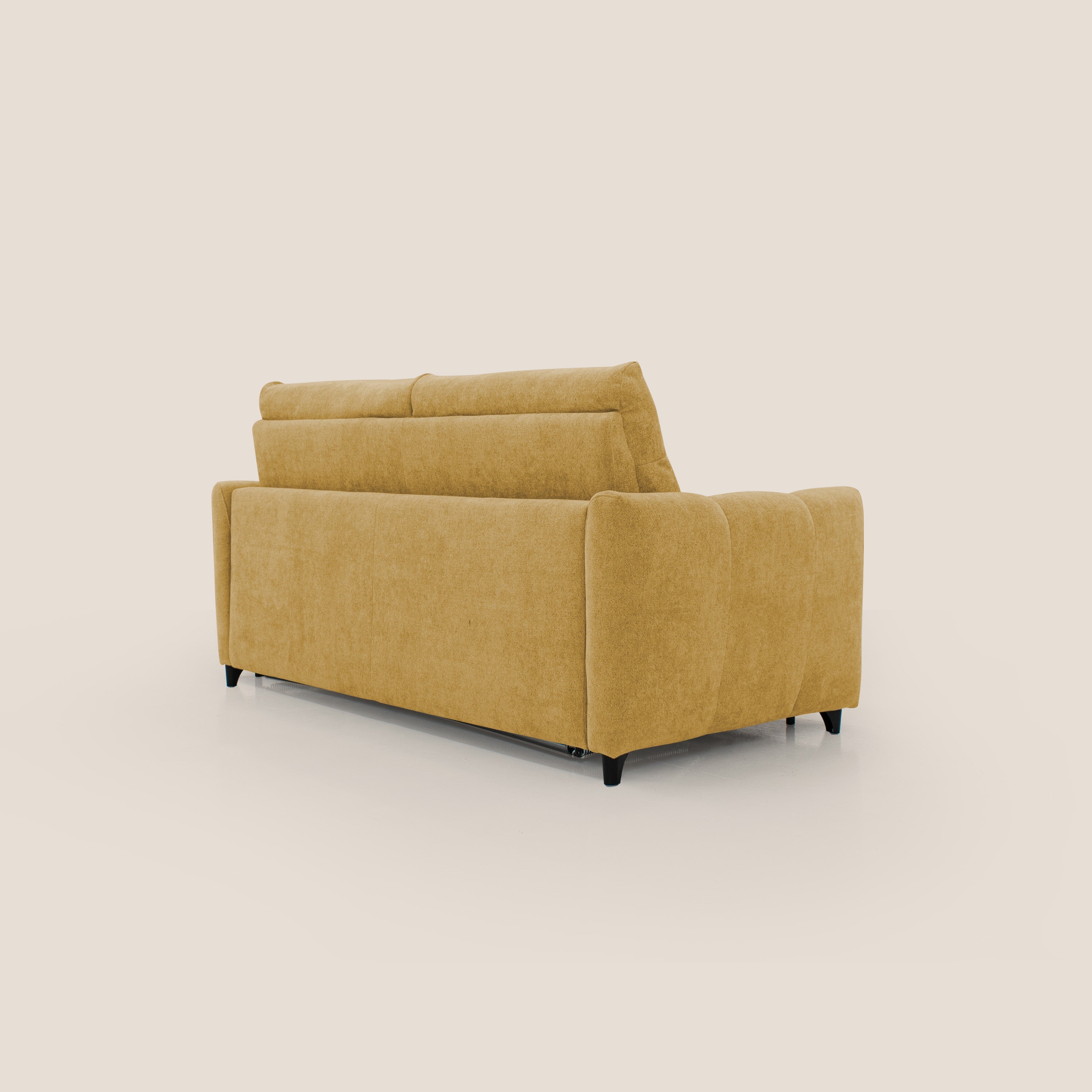 Peonia divano letto scandinavo con materasso H18 cm e morbido e alto schienale in tessuto Bouclé impermeabile T07 giallo - divani.store