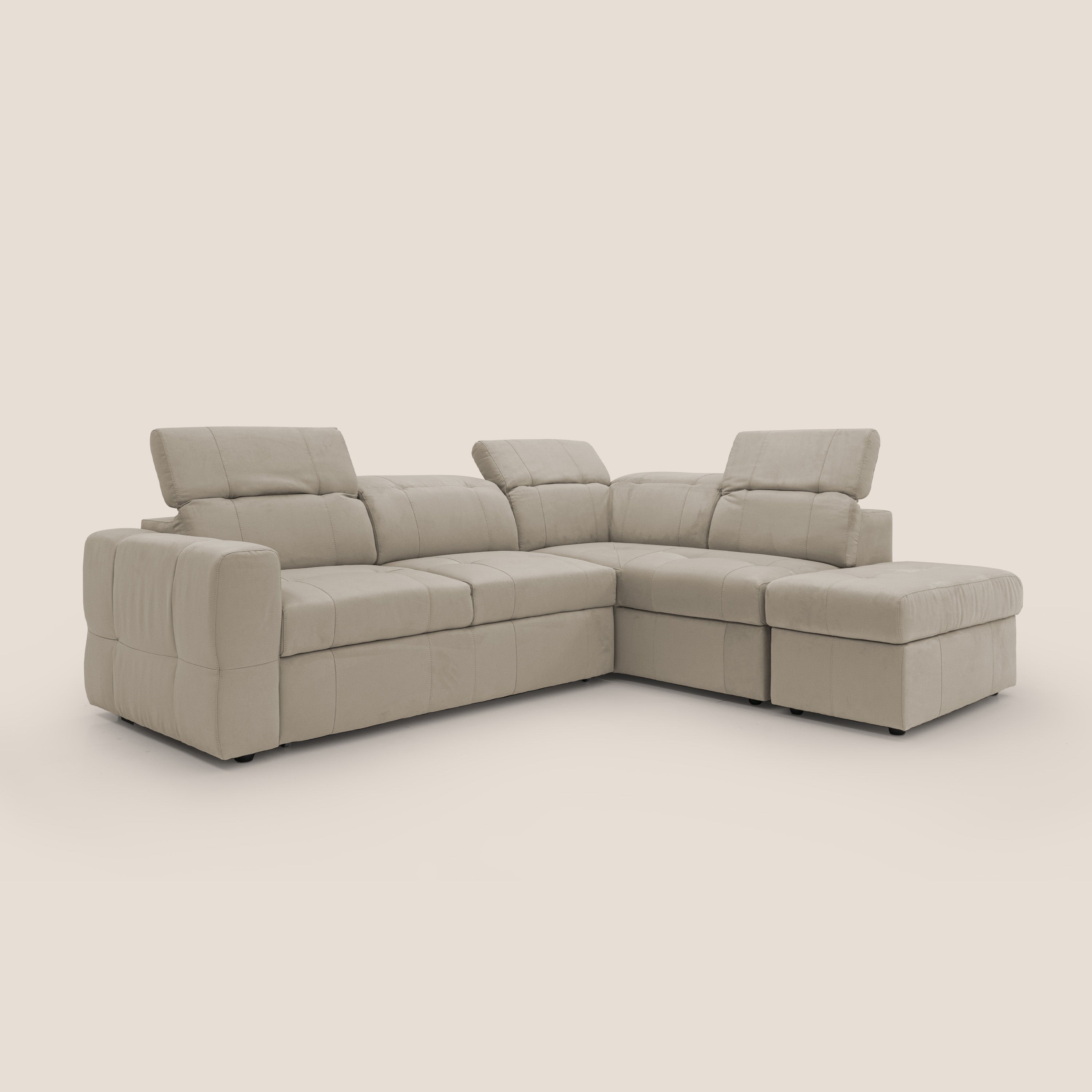 Kronos Divano angolare con poggiapiedi estraibile e pouf contenitore mobile in microfibra impermeabile T11 tortora - divani.store