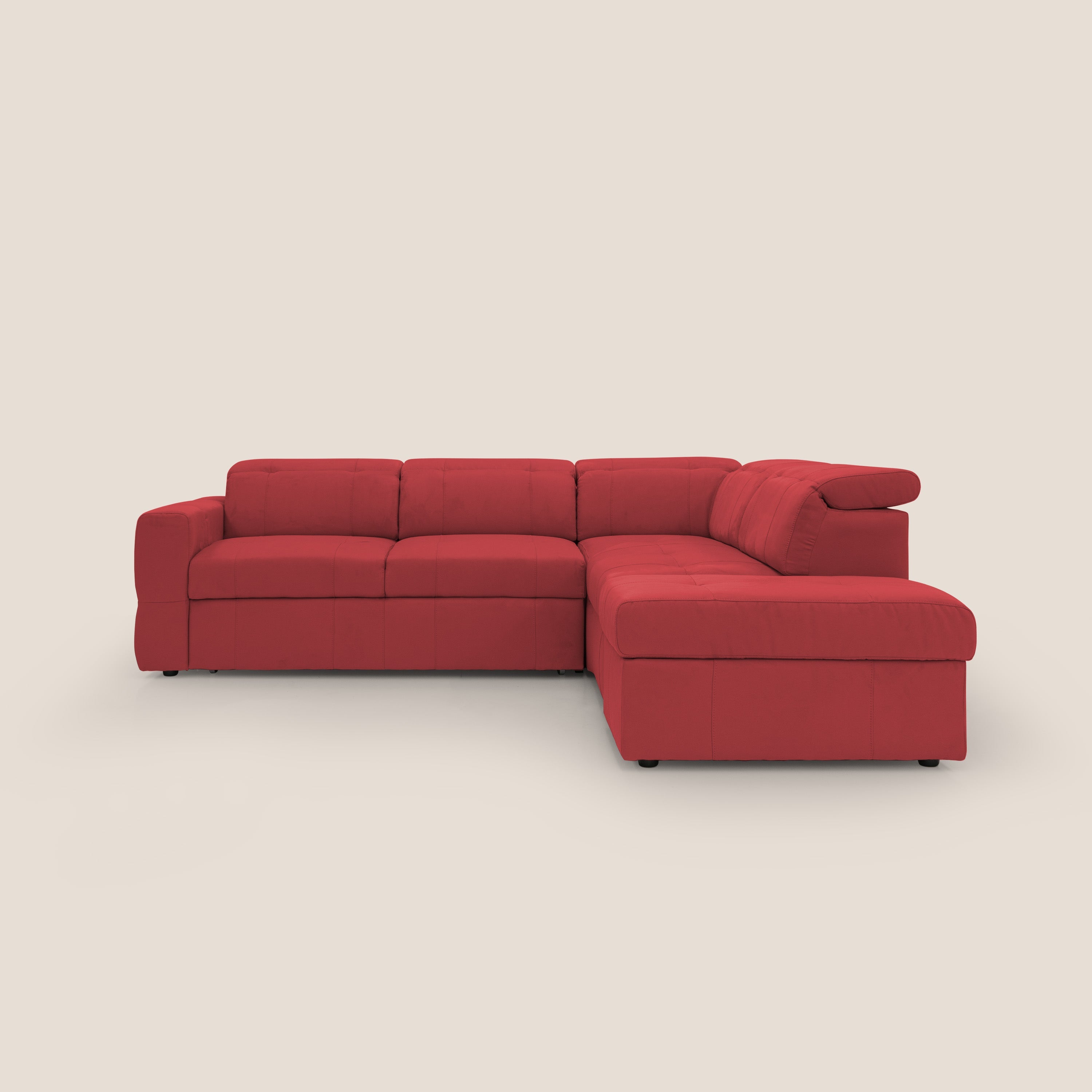 Kronos Divano angolare con poggiapiedi estraibile e pouf contenitore mobile in microfibra impermeabile T11 rosso - divani.store