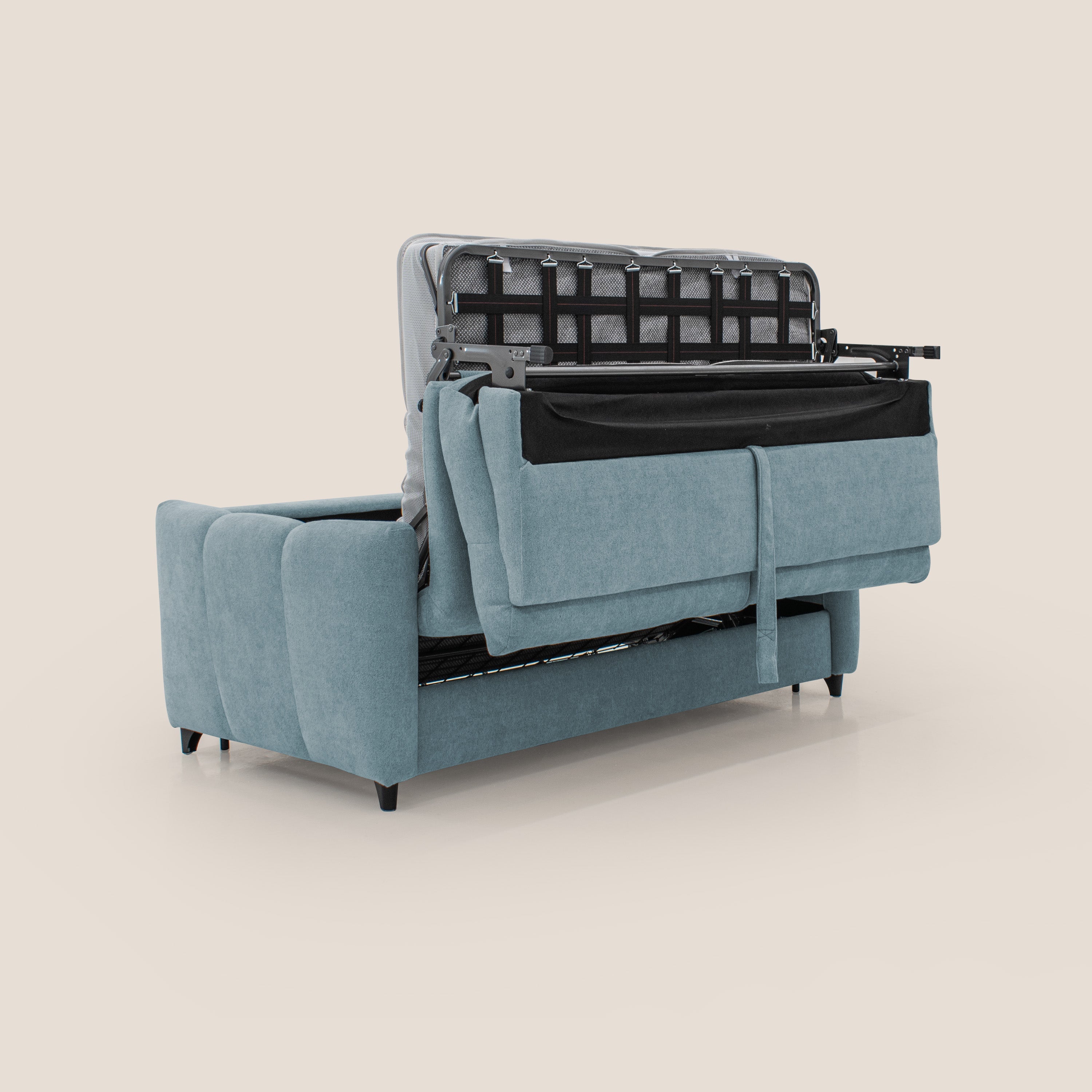 Peonia divano letto scandinavo con materasso H18 cm e morbido e alto schienale in tessuto Bouclé impermeabile T07 carta da zucchero - divani.store