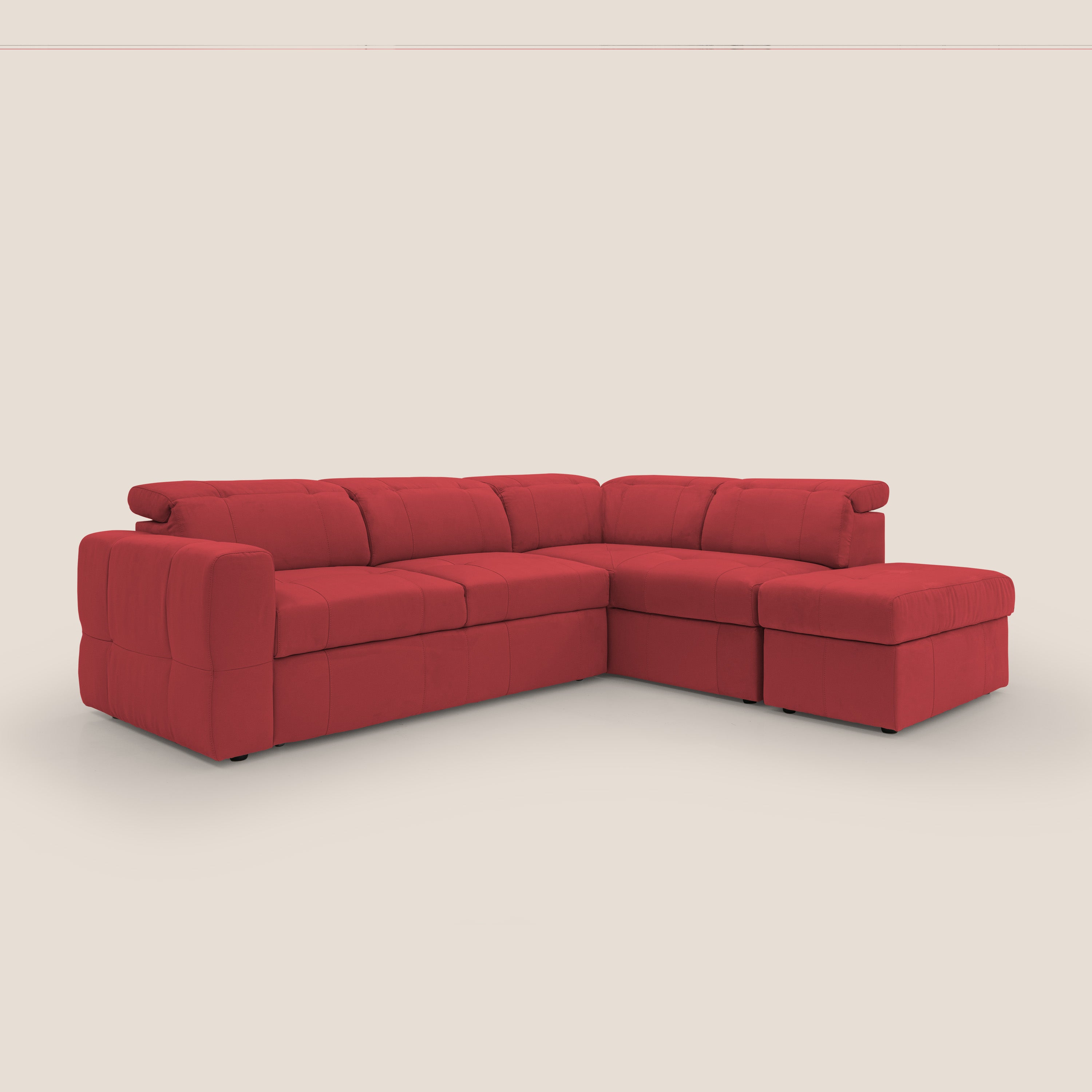 Kronos Divano angolare con poggiapiedi estraibile e pouf contenitore mobile in microfibra impermeabile T11 rosso - divani.store