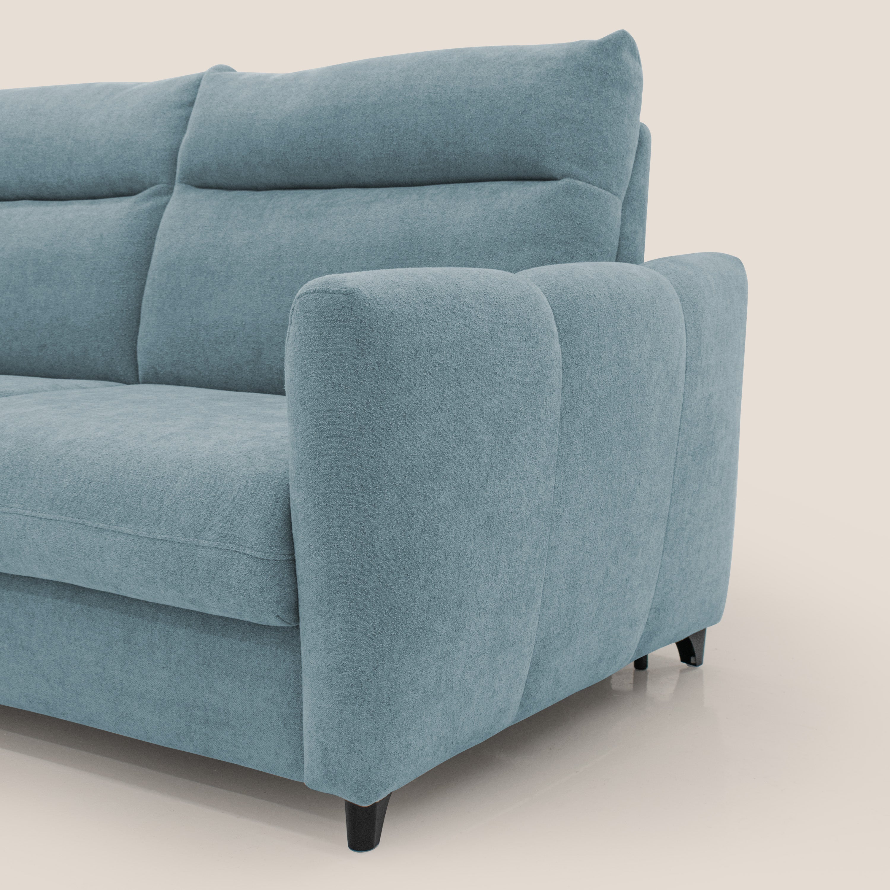 Peonia divano letto scandinavo con materasso H18 cm e morbido e alto schienale in tessuto Bouclé impermeabile T07 carta da zucchero - divani.store