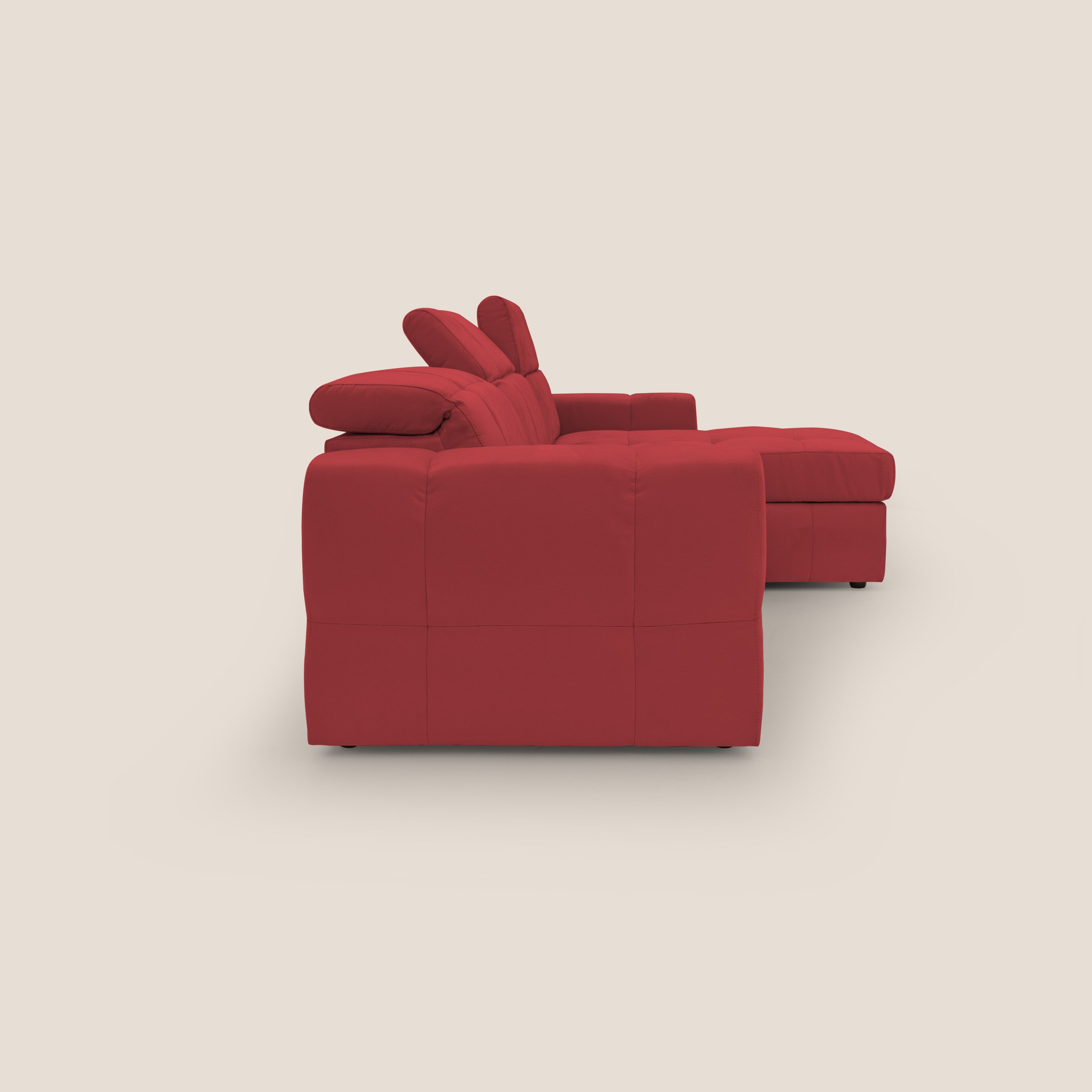 Kronos Divano angolare con pouf estraibile e penisola contenitore in microfibra impermeabile T11 rosso - divani.store