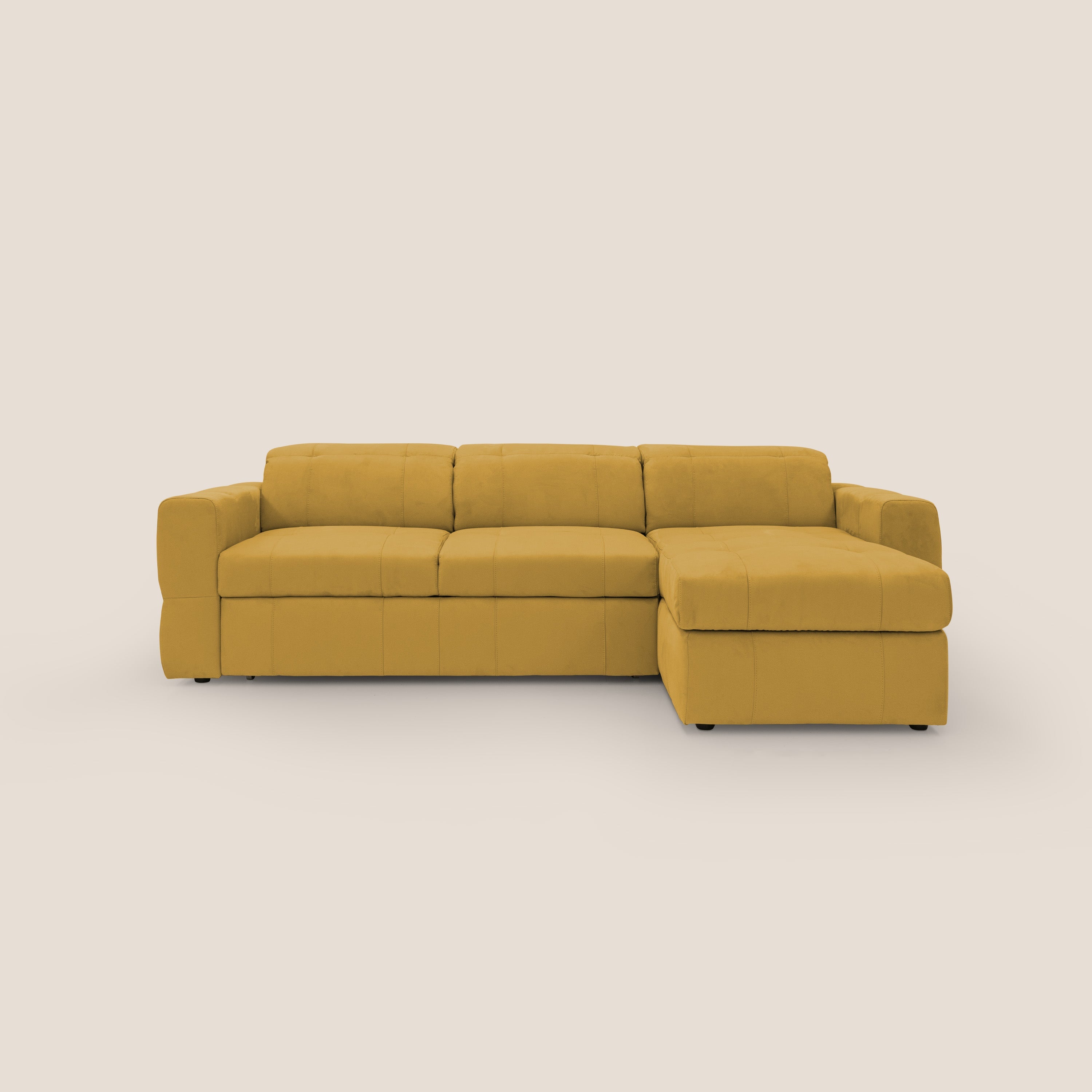 Kronos Divano angolare con pouf estraibile e penisola contenitore in microfibra impermeabile T11 giallo - divani.store