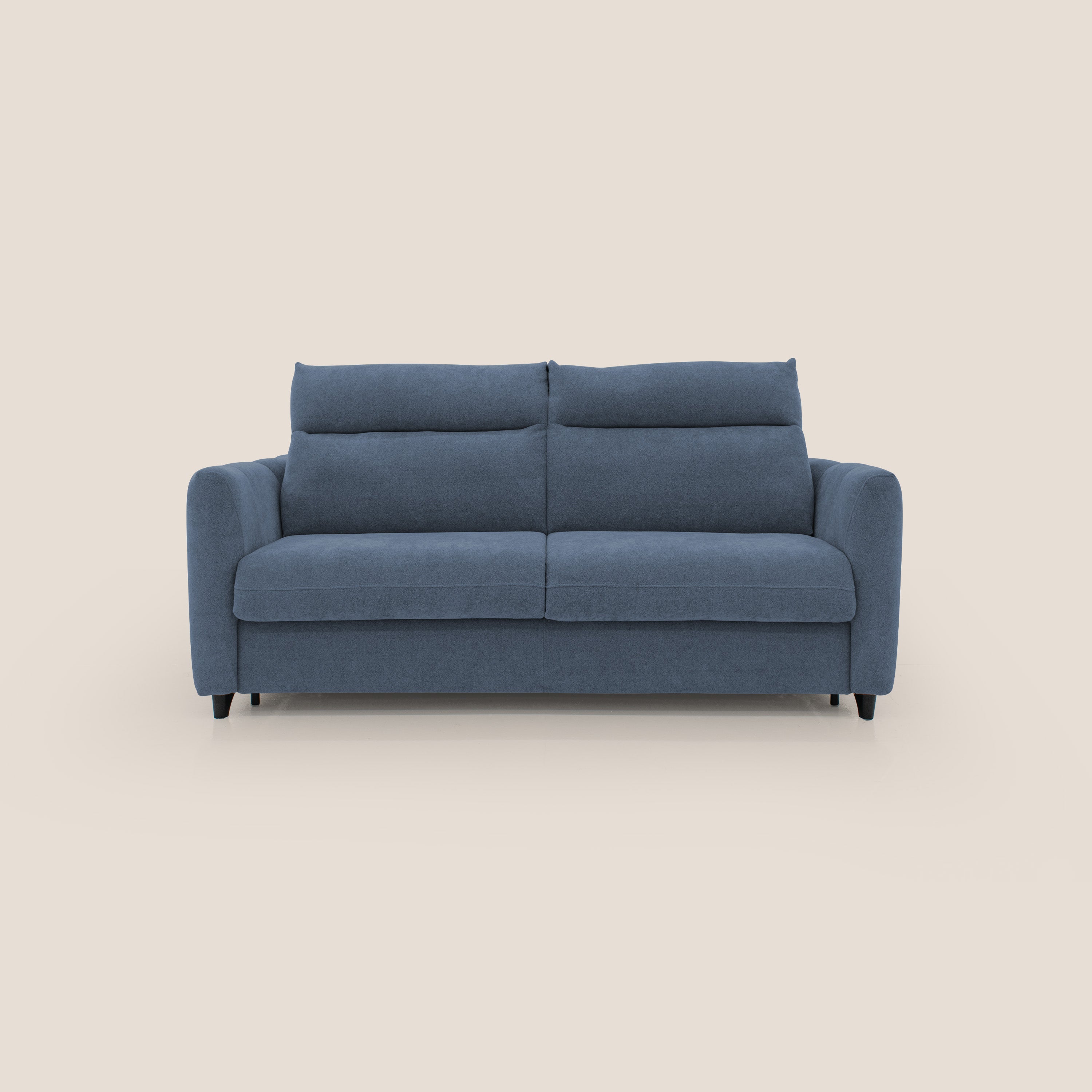 Peonia divano letto scandinavo con materasso H18 cm e morbido e alto schienale in tessuto Bouclé impermeabile T07 blu - divani.store