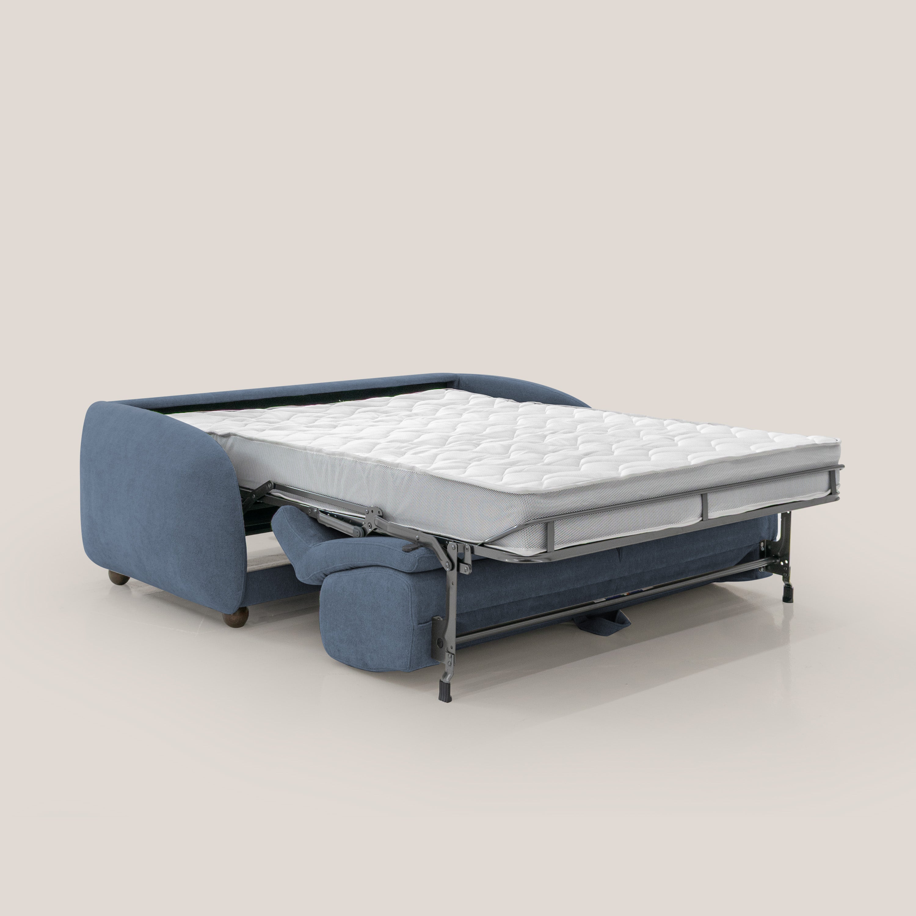 Giglio divano letto scandinavo japandi con materasso H18 cm in tessuto Bouclé impermeabile T07 blu - divani.store