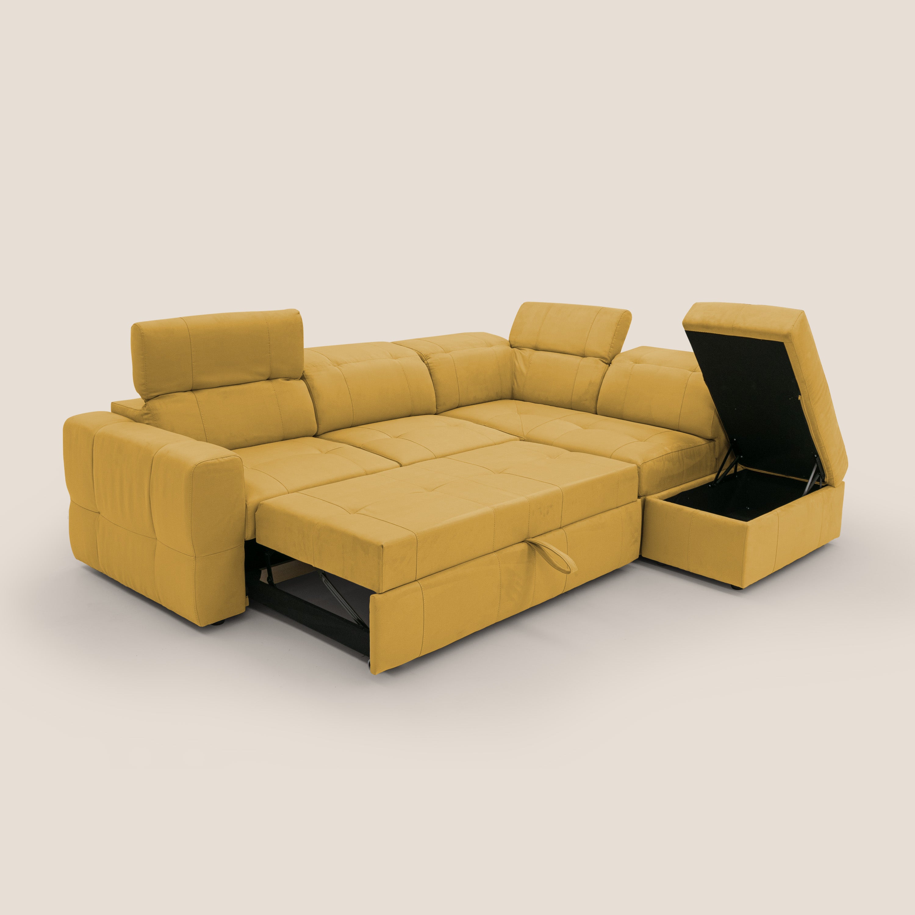 Kronos Divano angolare con poggiapiedi estraibile e pouf contenitore mobile in microfibra impermeabile T11 giallo - divani.store