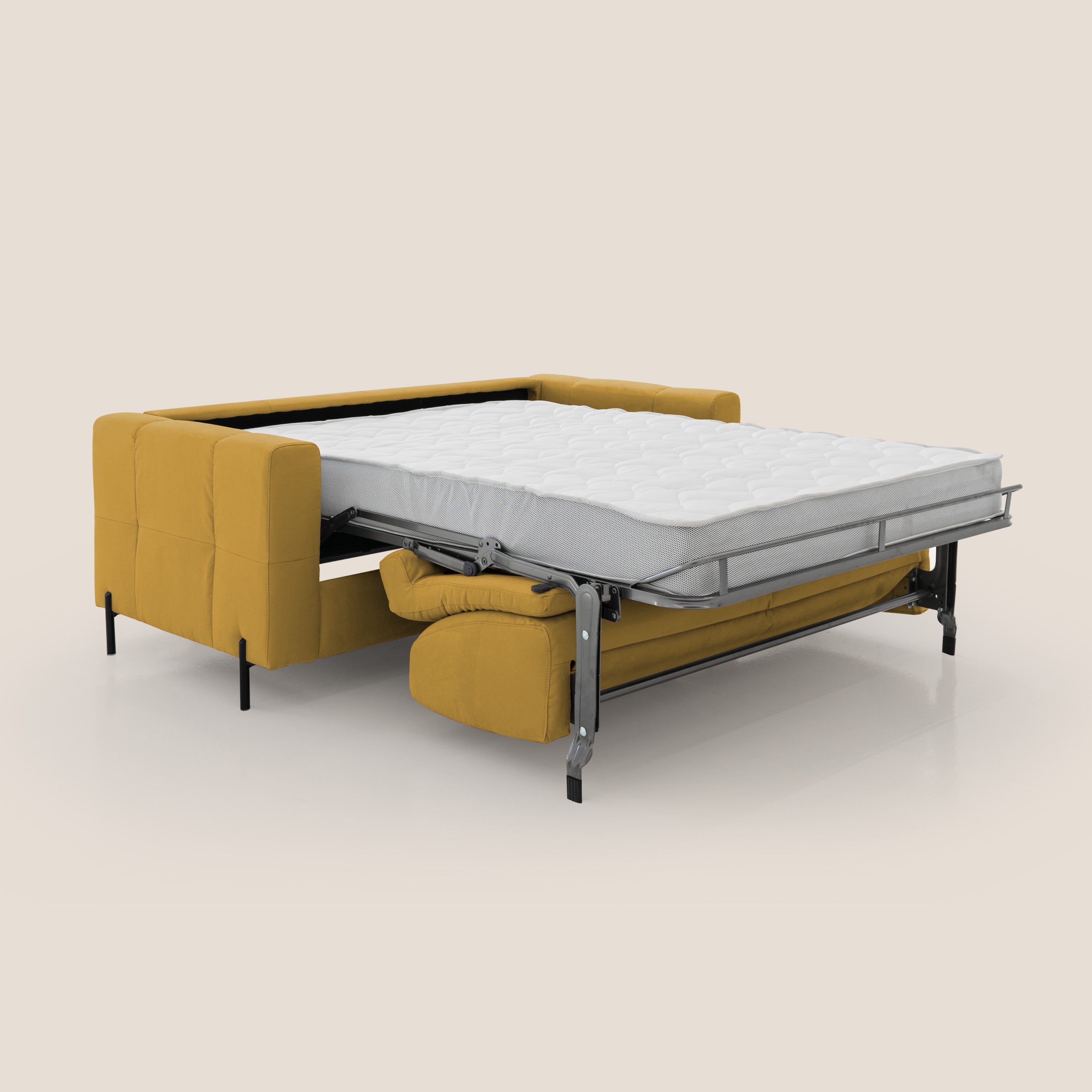 Ortensia divano letto materasso H18 cm con piedi alti in elegante microfibra smacchiabile T11 giallo - divani.store
