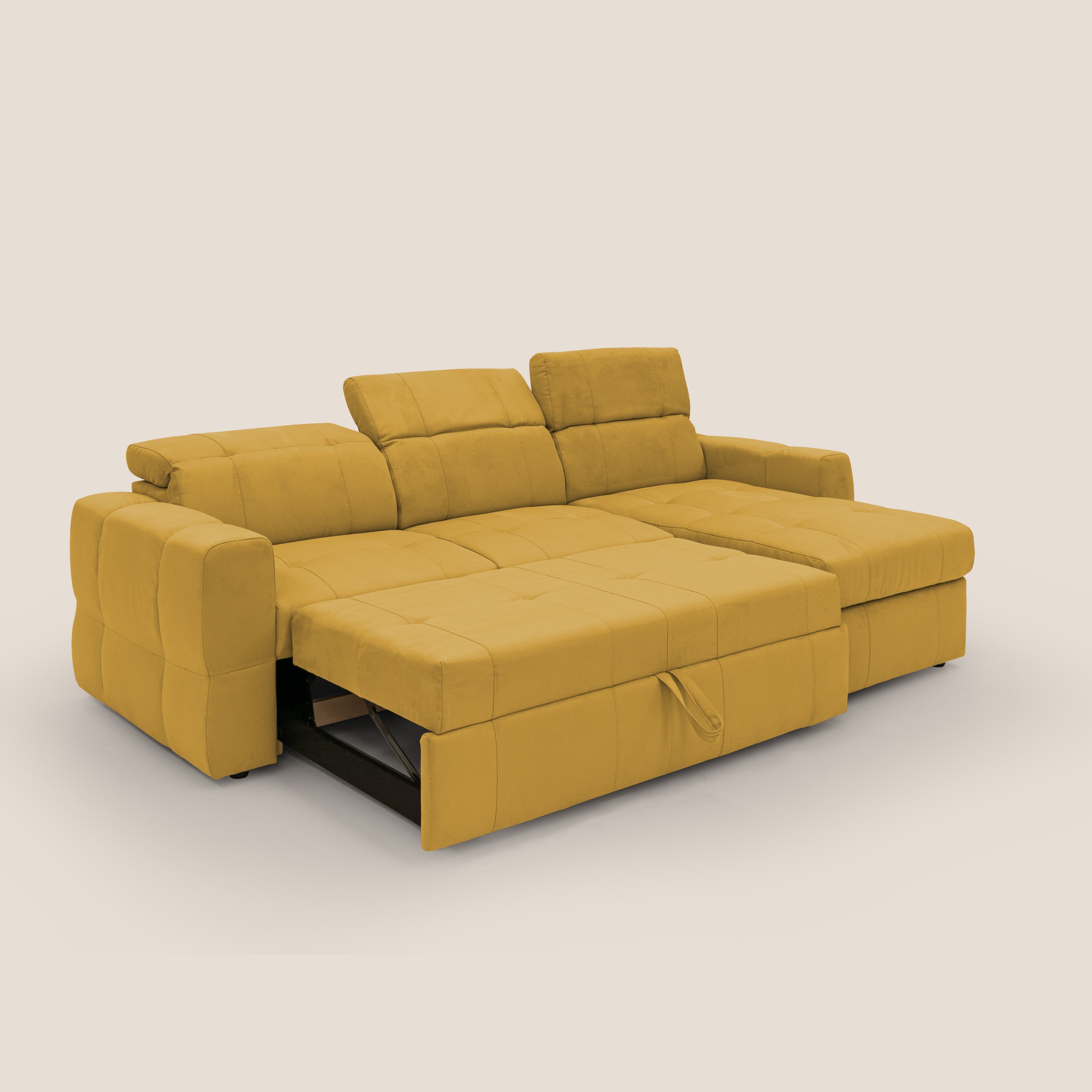 Kronos Divano angolare con pouf estraibile e penisola contenitore in microfibra impermeabile T11 giallo - divani.store