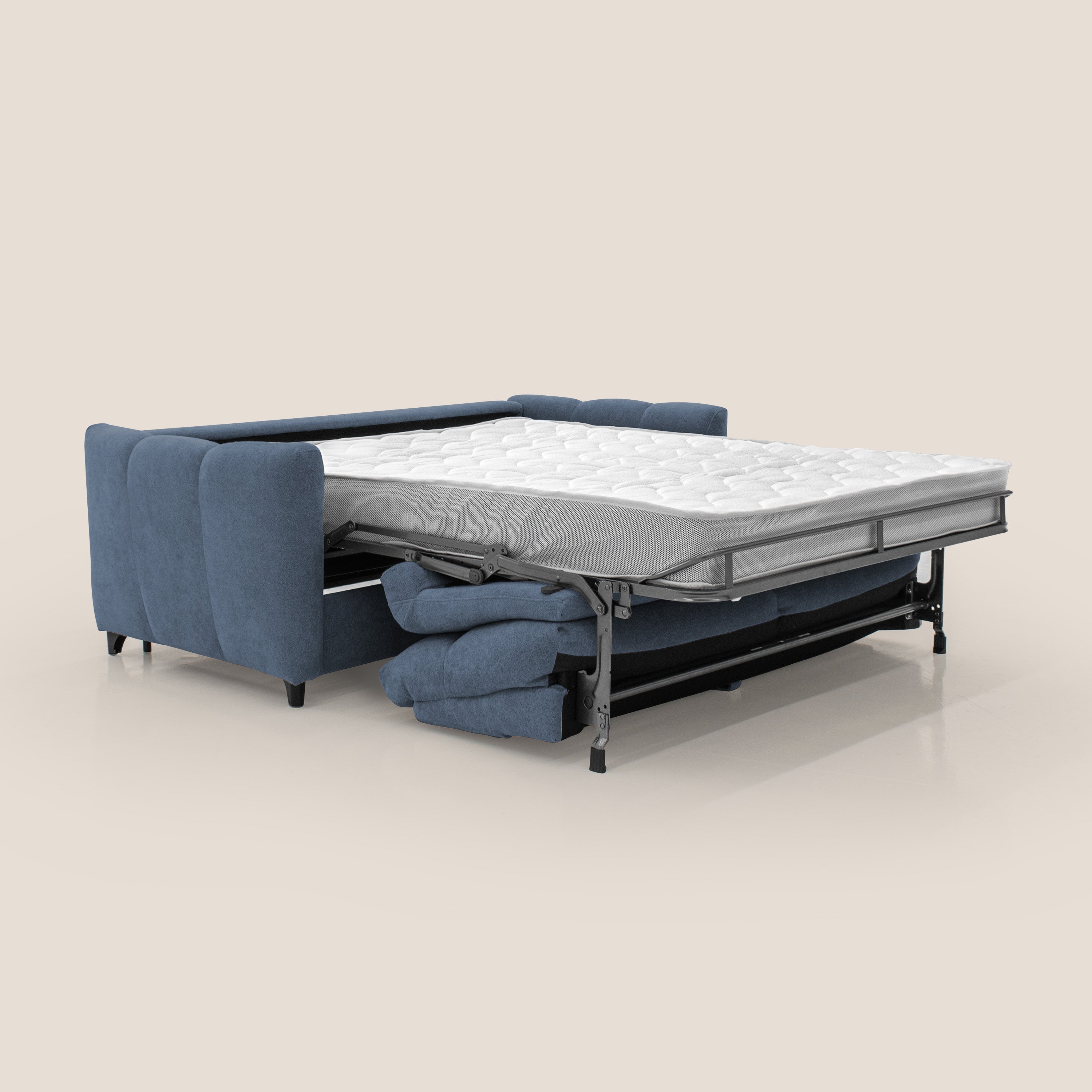 Peonia divano letto scandinavo con materasso H18 cm e morbido e alto schienale in tessuto Bouclé impermeabile T07 blu - divani.store