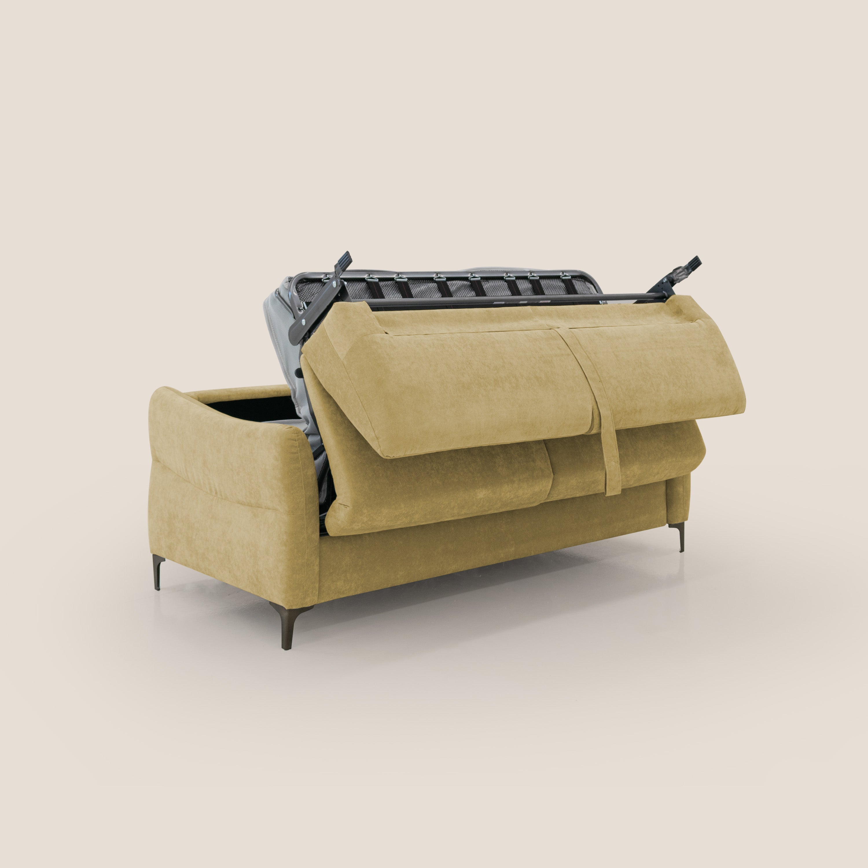 Dalia divano letto con materasso H18 cm e piedi alti in raffinato tessuto smacchiabile T17 giallo - divani.store