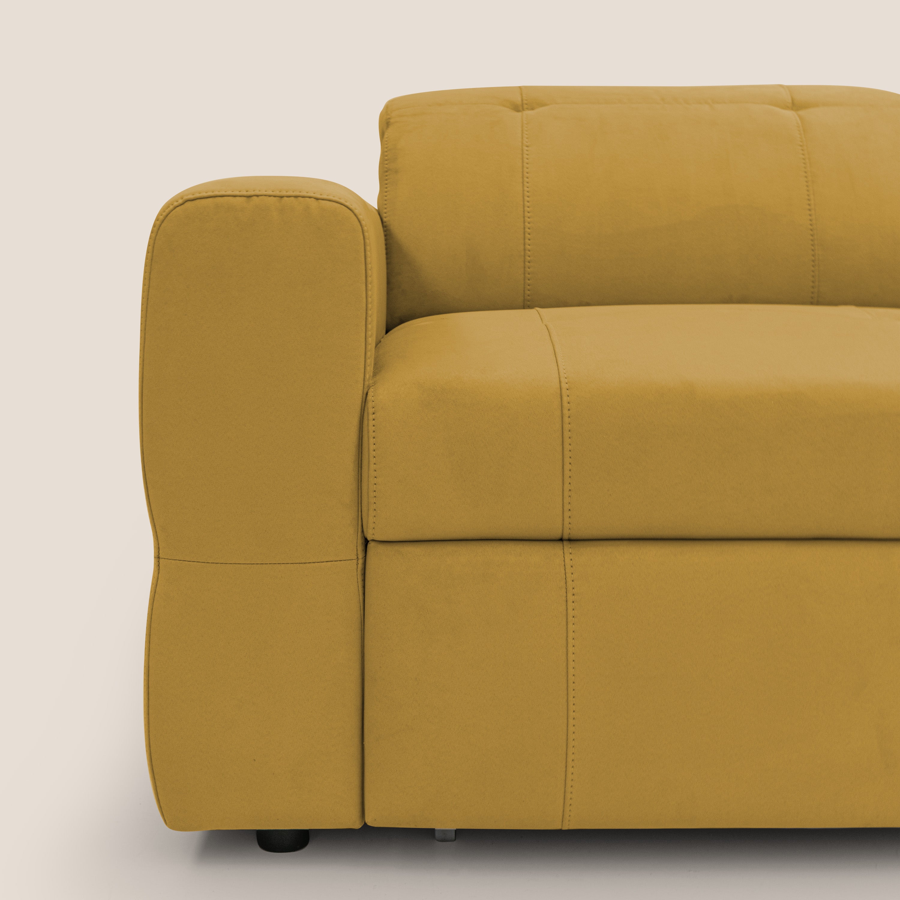 Kronos Divano angolare con pouf estraibile e penisola contenitore in microfibra impermeabile T11 giallo - divani.store