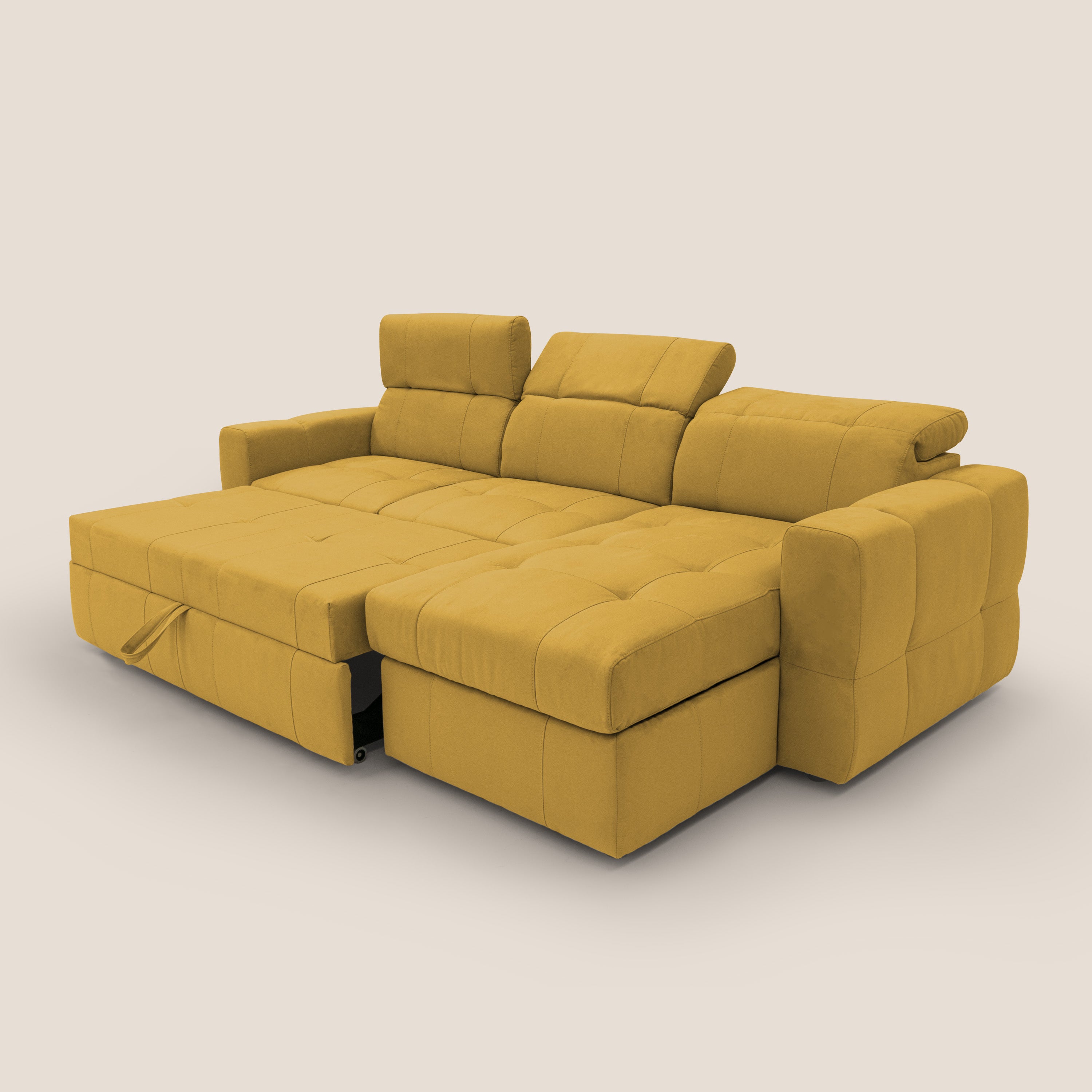 Kronos Divano angolare con pouf estraibile e penisola contenitore in microfibra impermeabile T11 giallo - divani.store