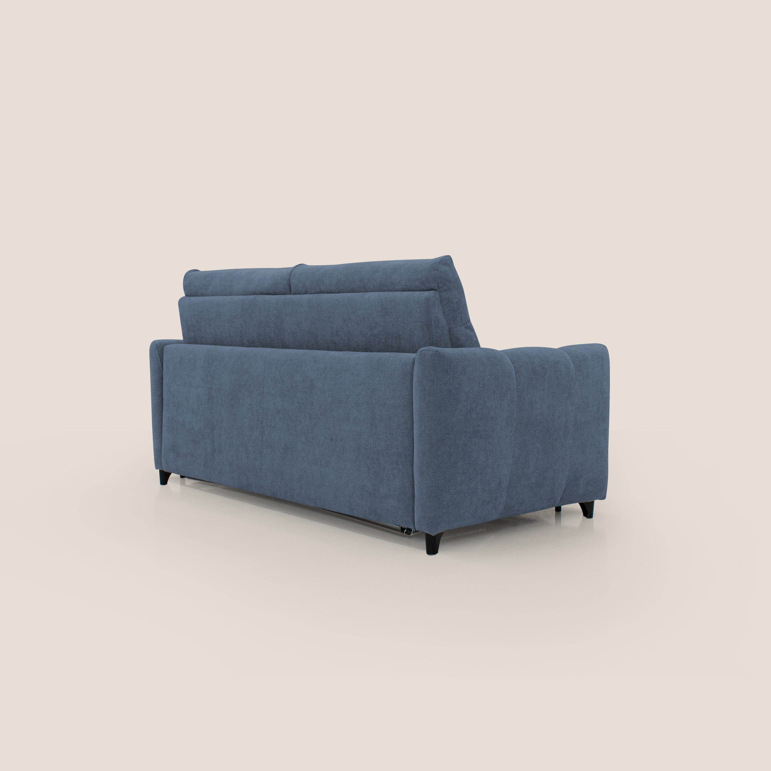 Peonia divano letto scandinavo con materasso H18 cm e morbido e alto schienale in tessuto Bouclé impermeabile T07 blu - divani.store