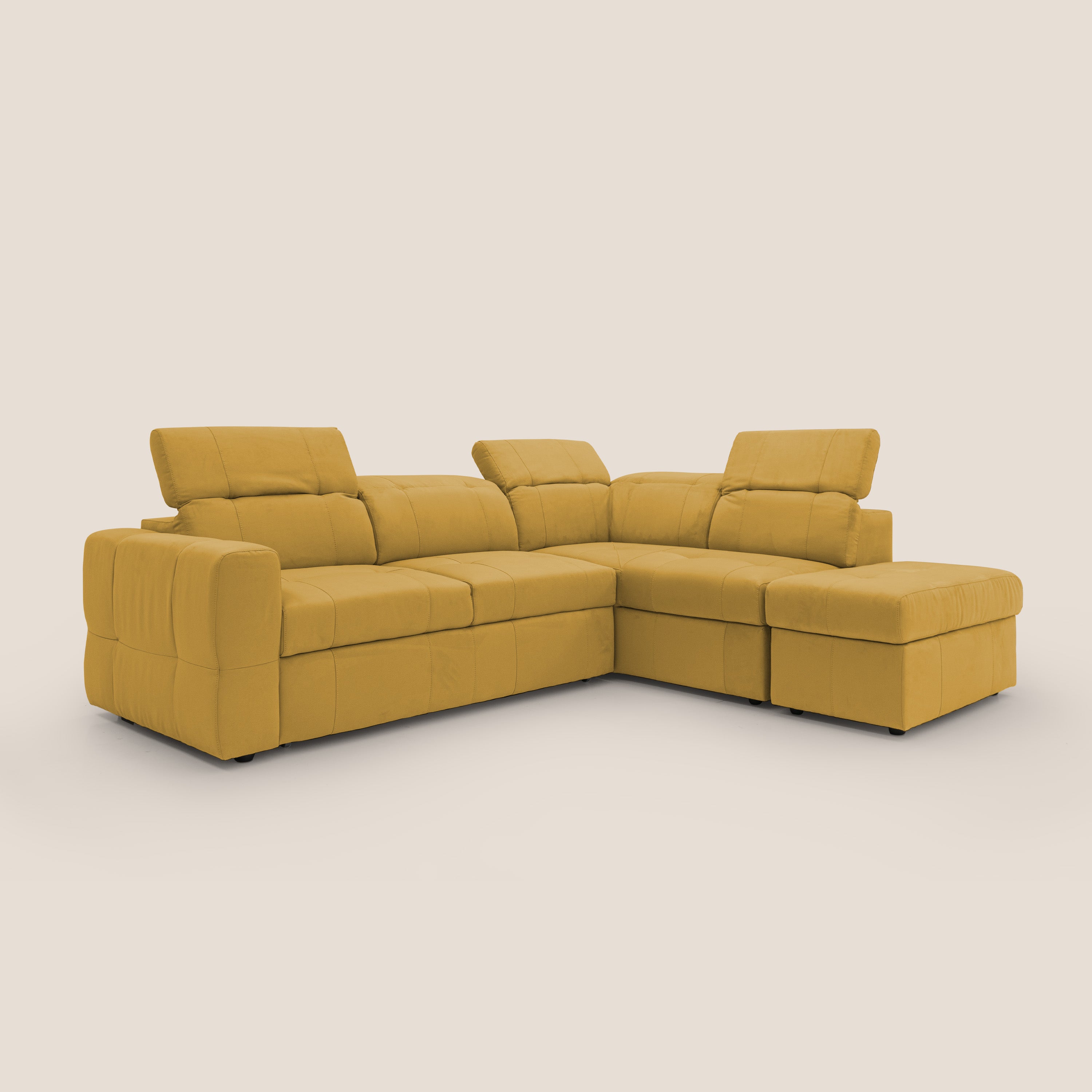 Kronos Divano angolare con poggiapiedi estraibile e pouf contenitore mobile in microfibra impermeabile T11 giallo - divani.store