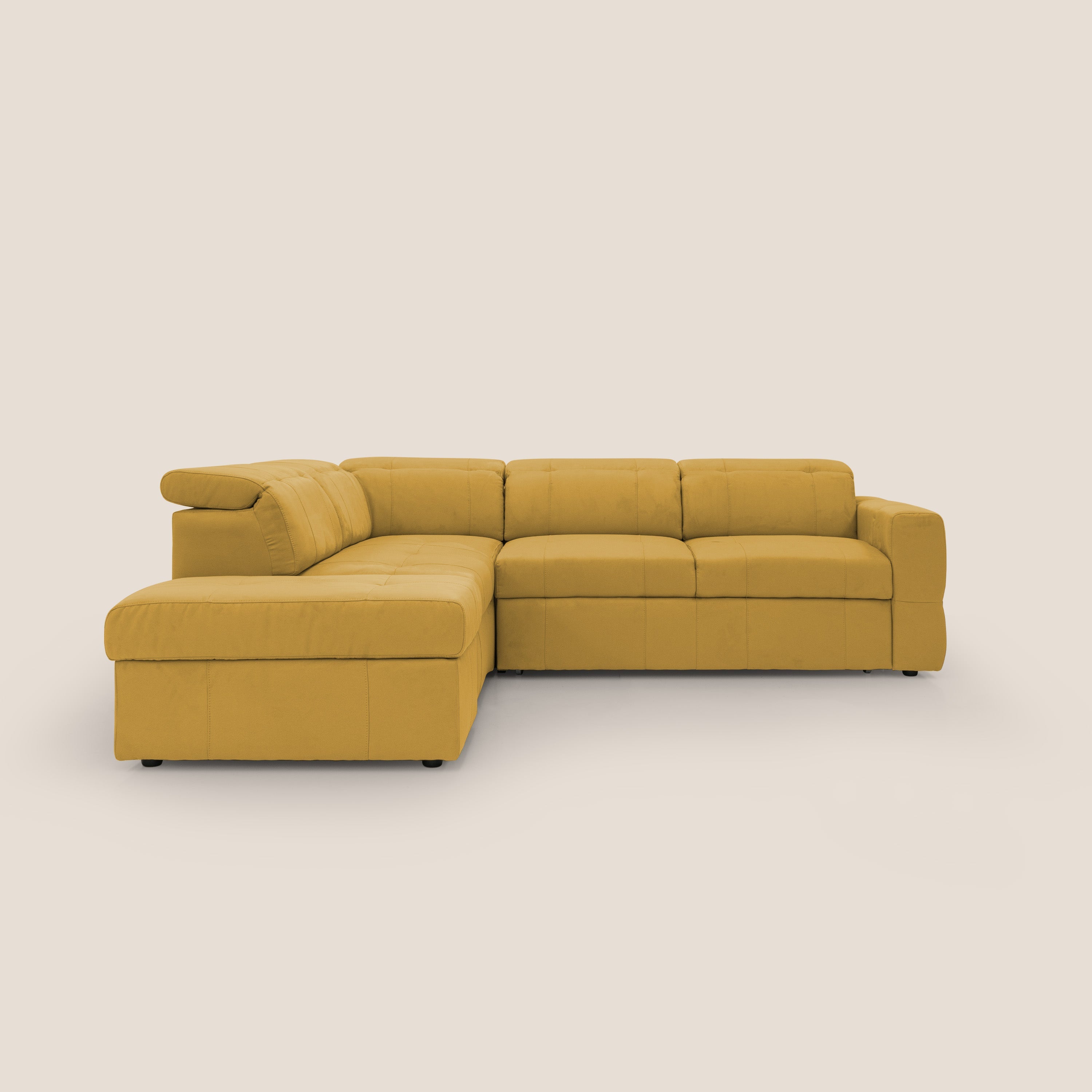 Kronos Divano angolare con poggiapiedi estraibile e pouf contenitore mobile in microfibra impermeabile T11 giallo - divani.store