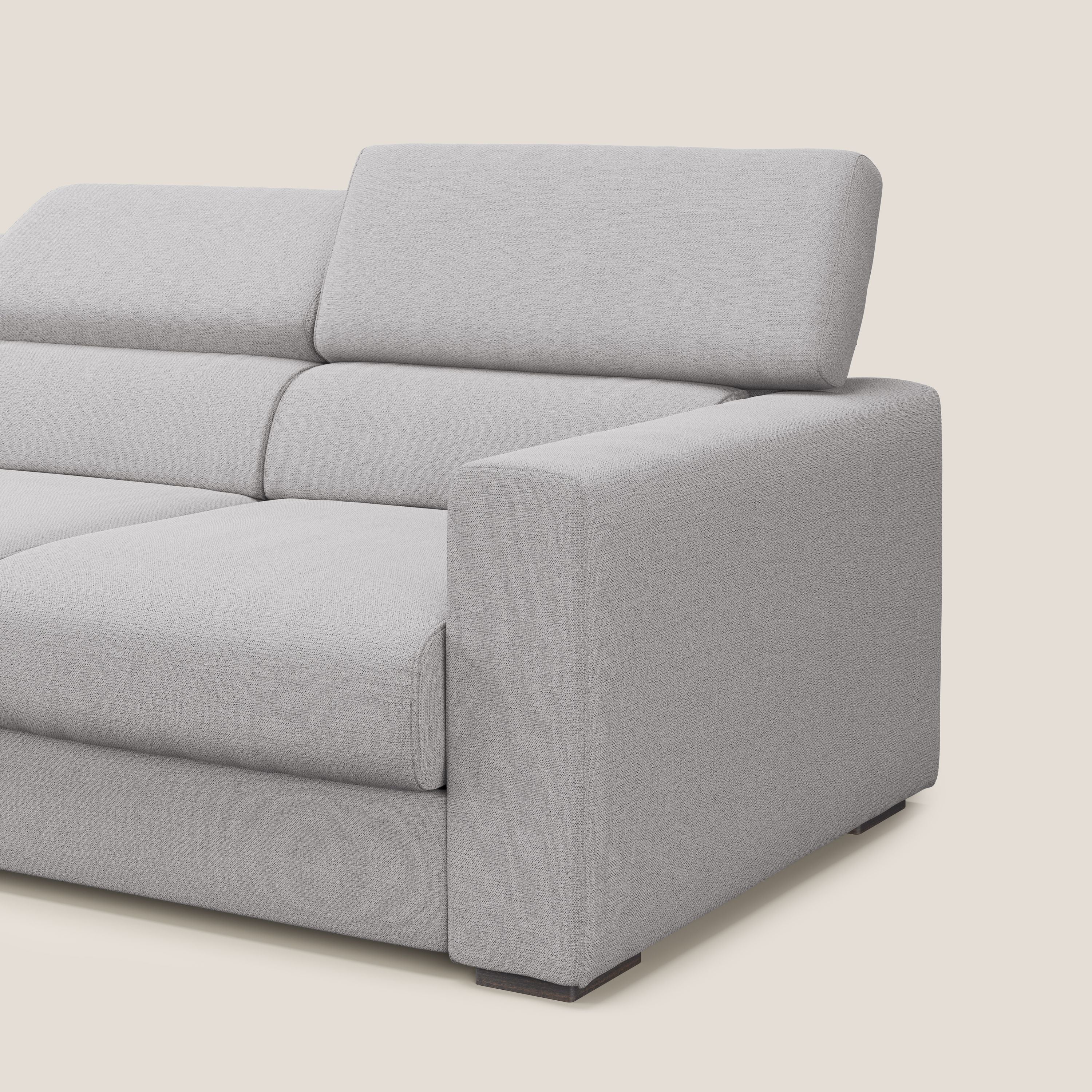Dylan divano a 3 sedute con pouf estraibile poggiapiedi in tessuto fiammato simil cotone impermeabile T19 grigio - divani.store