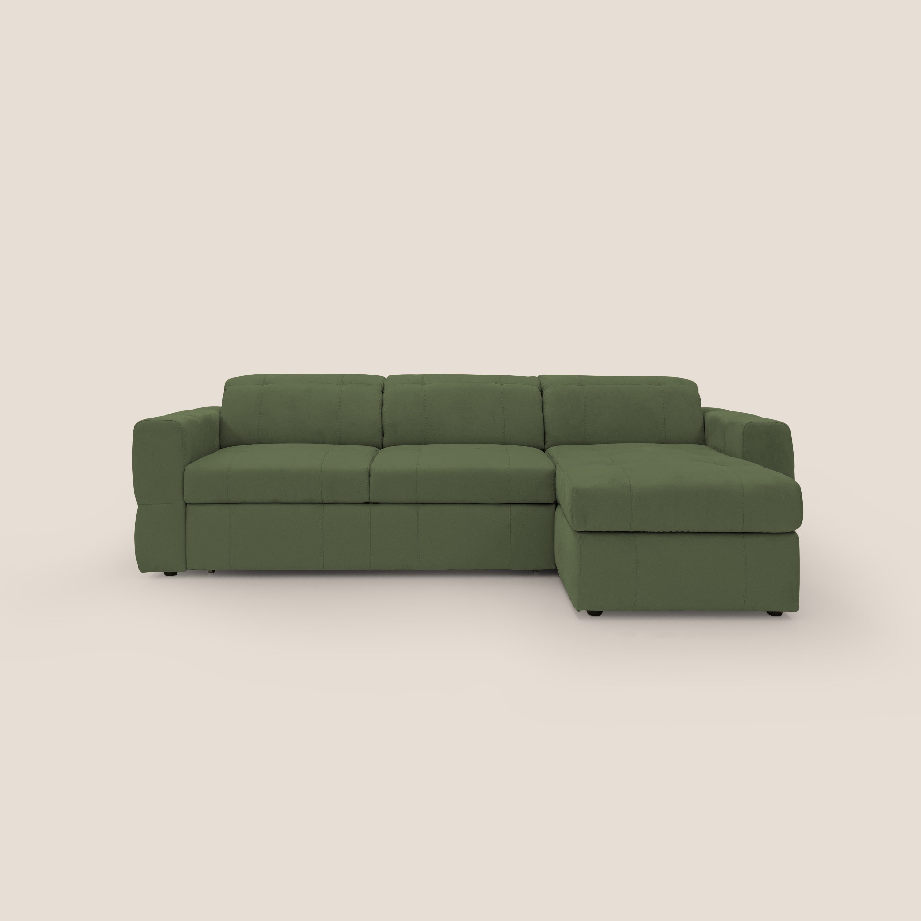 Kronos Divano angolare con pouf estraibile e penisola contenitore in microfibra impermeabile T11 verde - divani.store