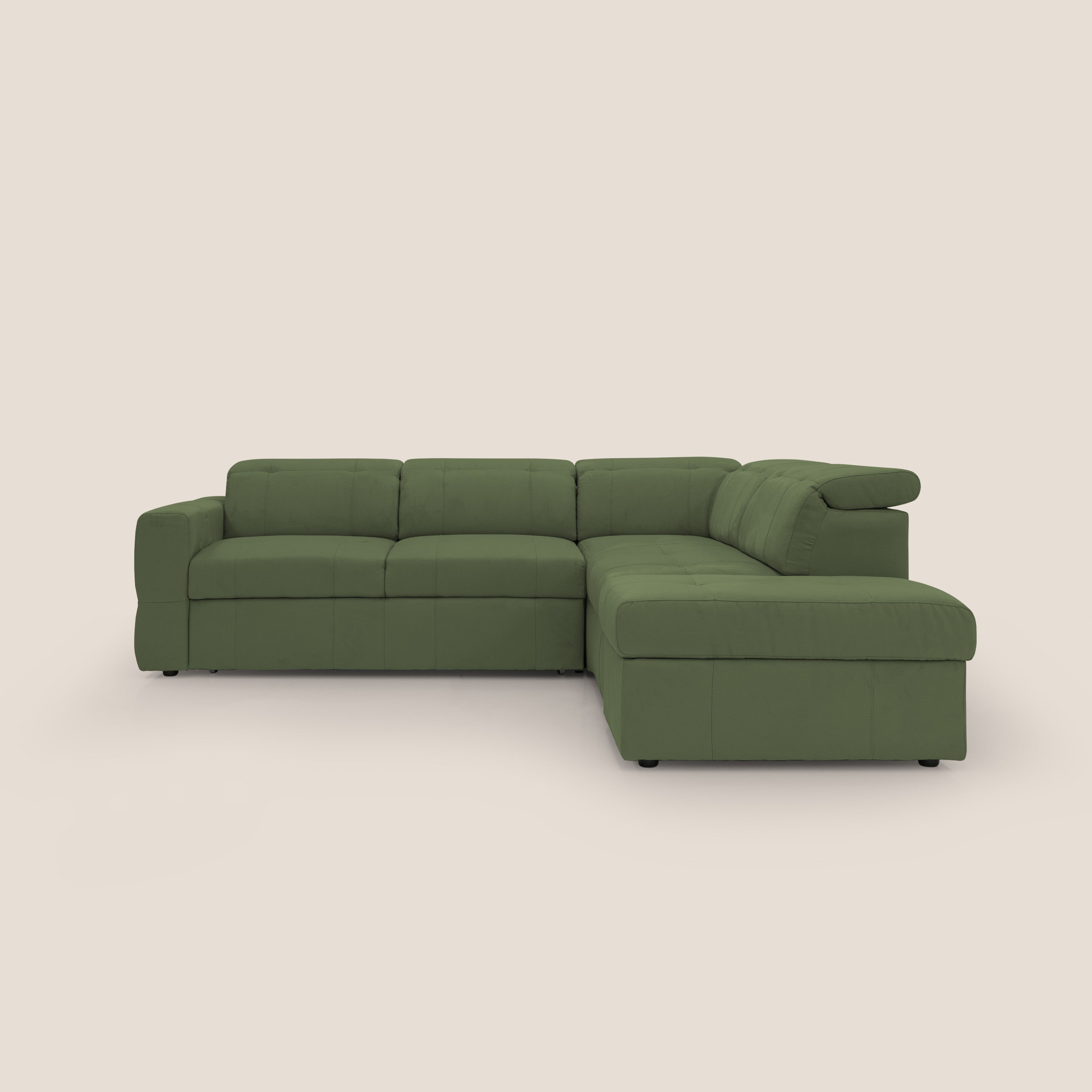 Kronos Divano angolare con poggiapiedi estraibile e pouf contenitore mobile in microfibra impermeabile T11 verde - divani.store