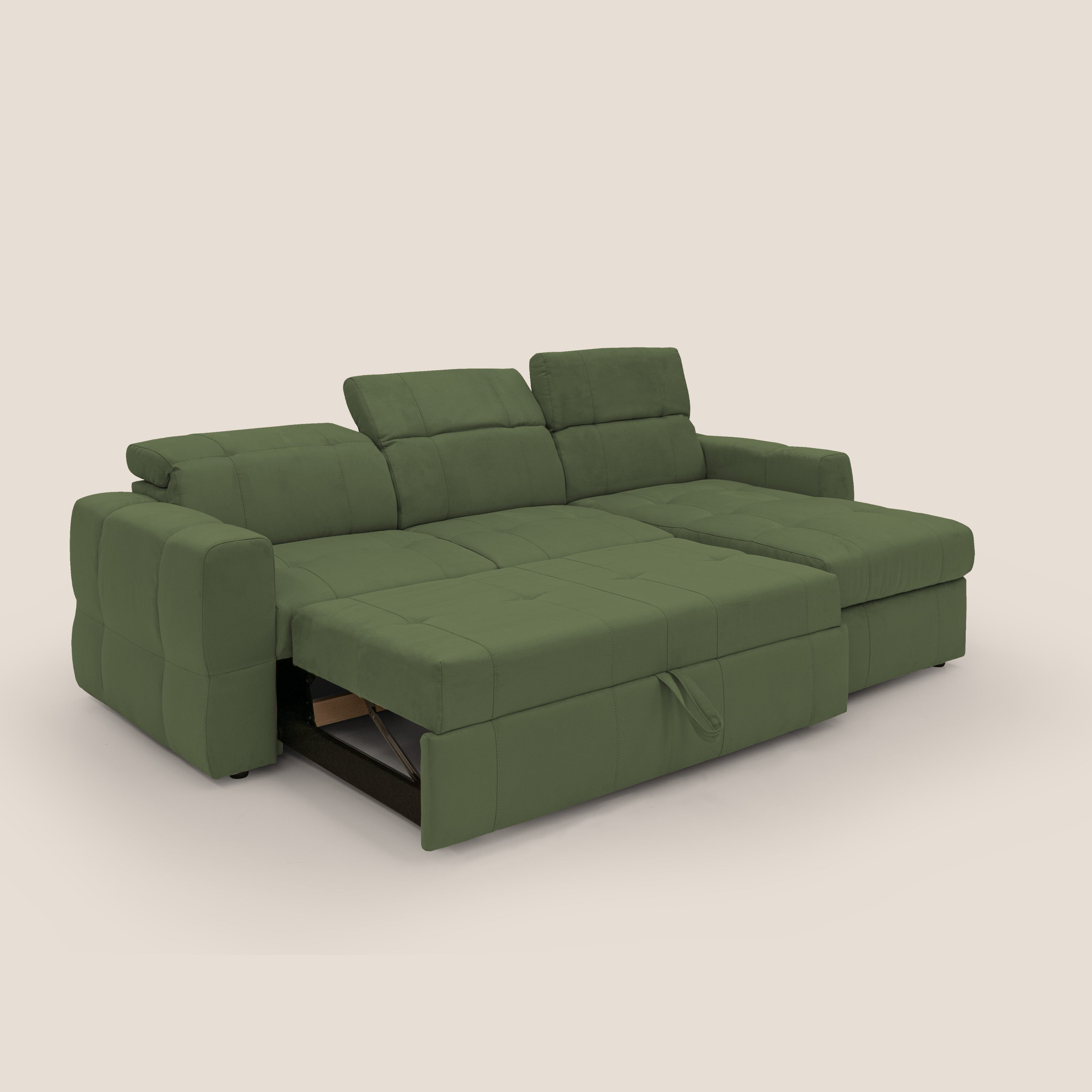 Kronos Divano angolare con pouf estraibile e penisola contenitore in microfibra impermeabile T11 verde - divani.store