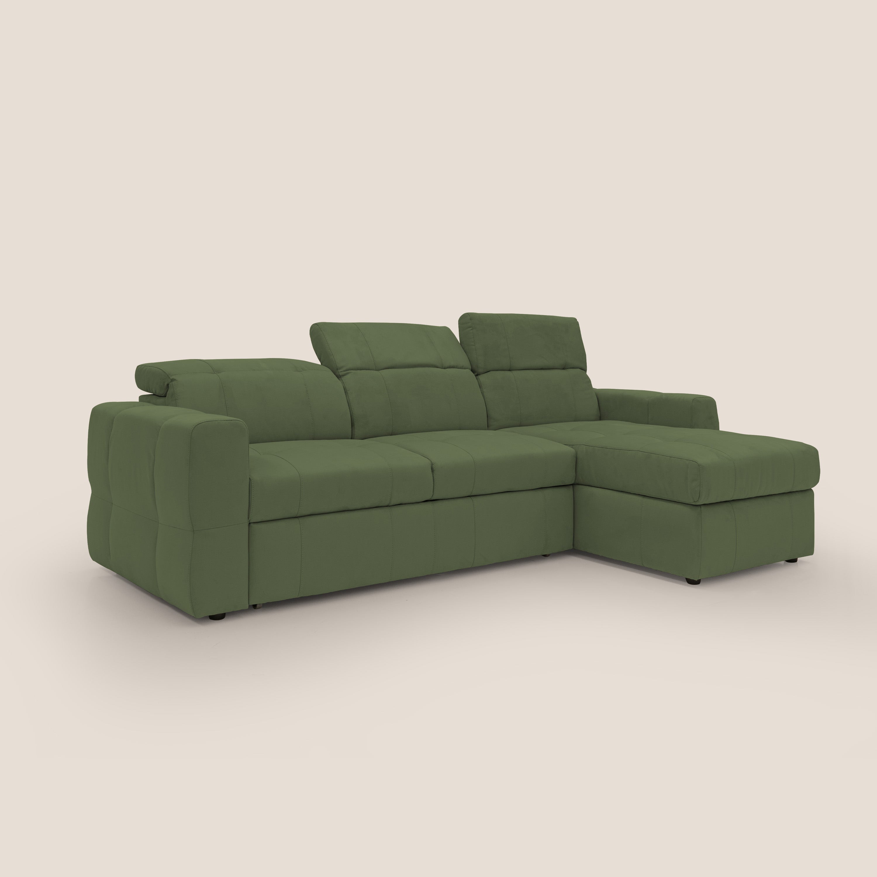 Kronos Divano angolare con pouf estraibile e penisola contenitore in microfibra impermeabile T11 verde - divani.store