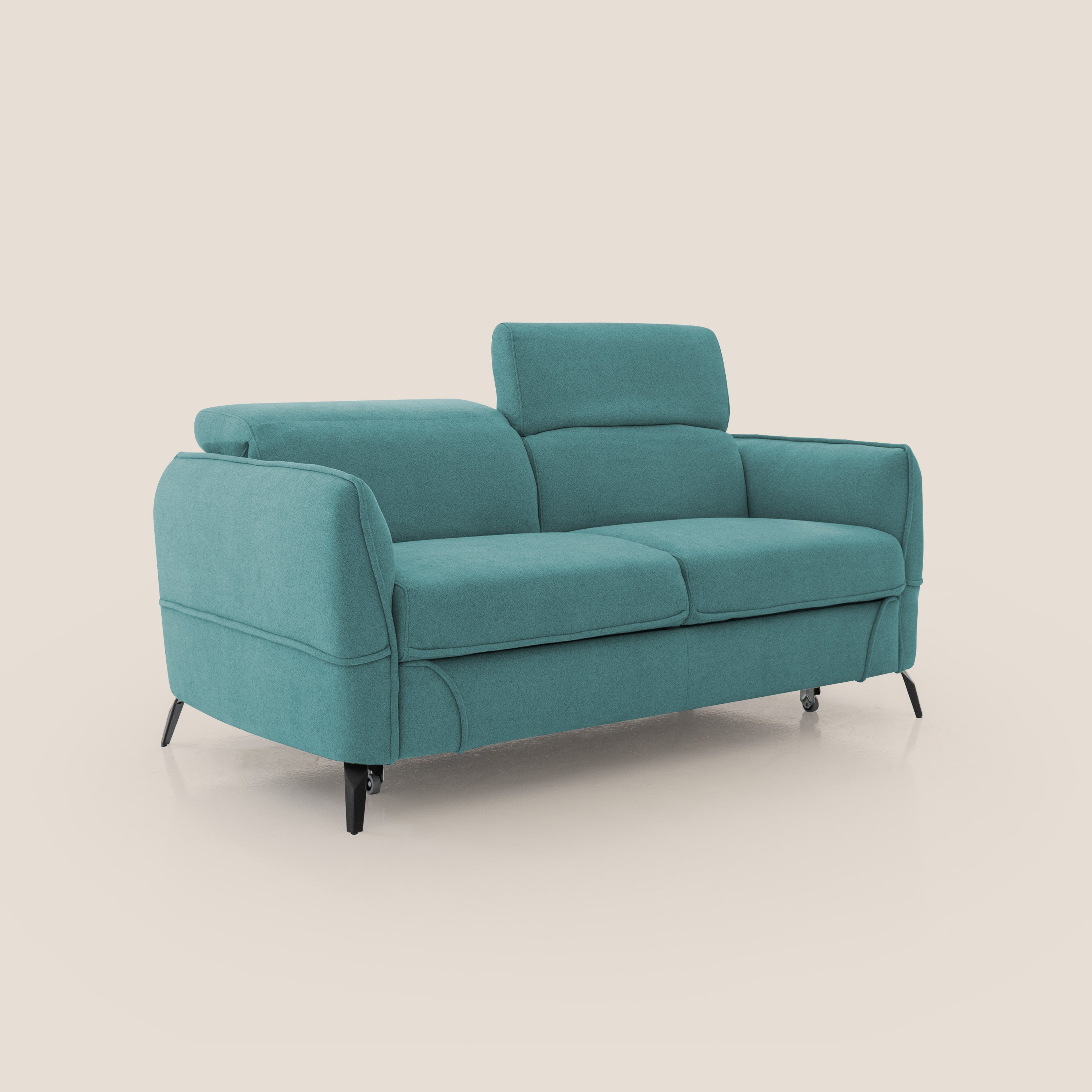 Bloom Divano con poggiapiedi estraibile piedini alti e poggiatesta reclinabili in tessuto bouclé impermeabile T07 azzurro - divani.store