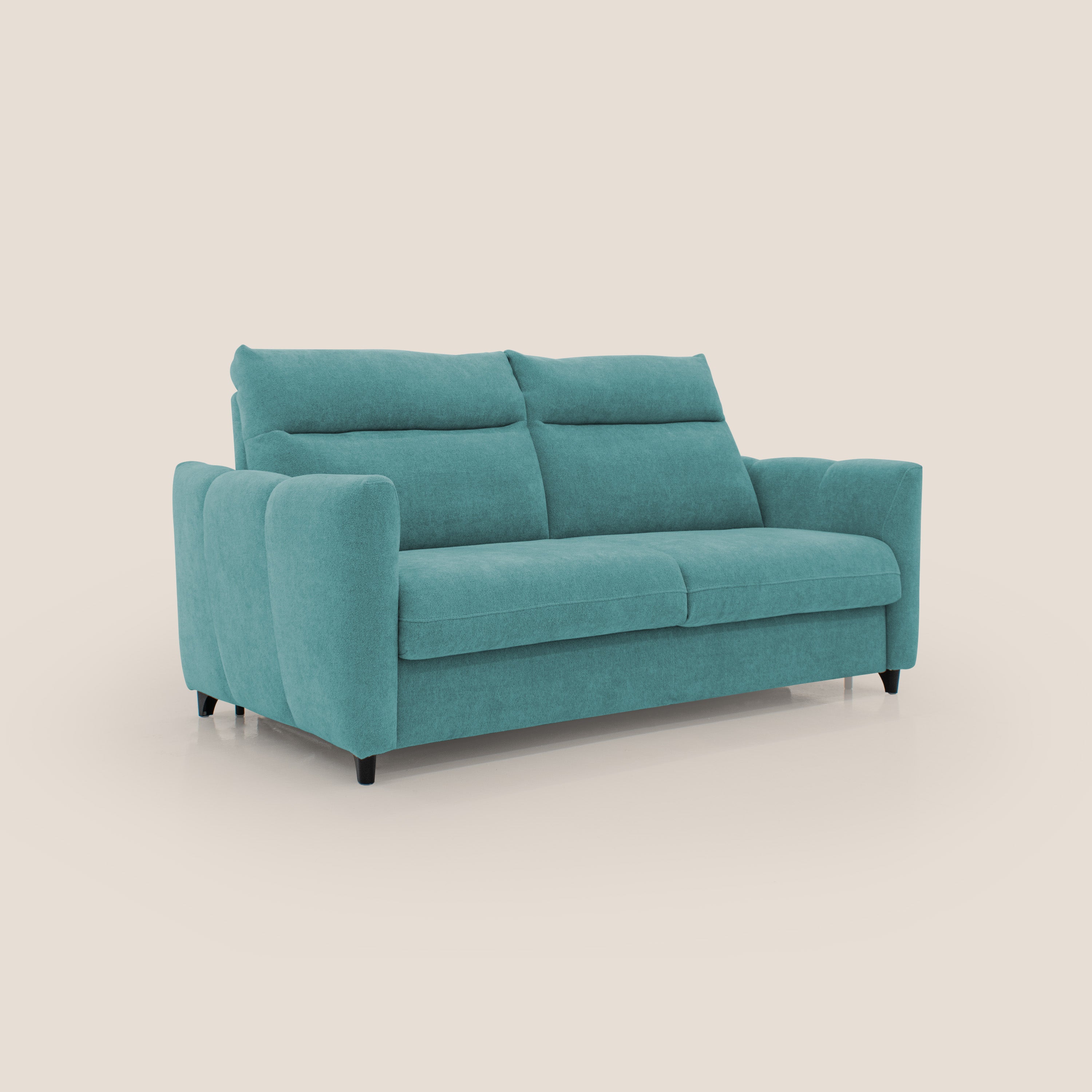 Peonia divano letto scandinavo con materasso H18 cm e morbido e alto schienale in tessuto Bouclé impermeabile T07 azzurro - divani.store