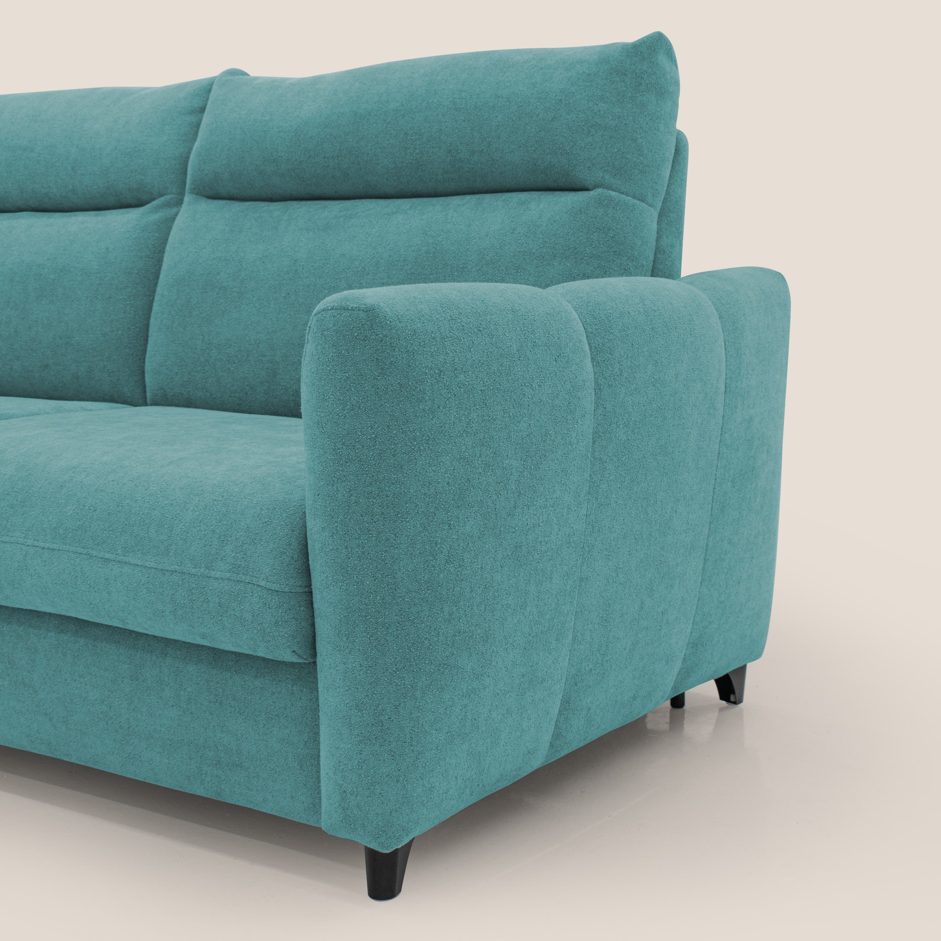 Peonia divano letto scandinavo con materasso H18 cm e morbido e alto schienale in tessuto Bouclé impermeabile T07 azzurro - divani.store