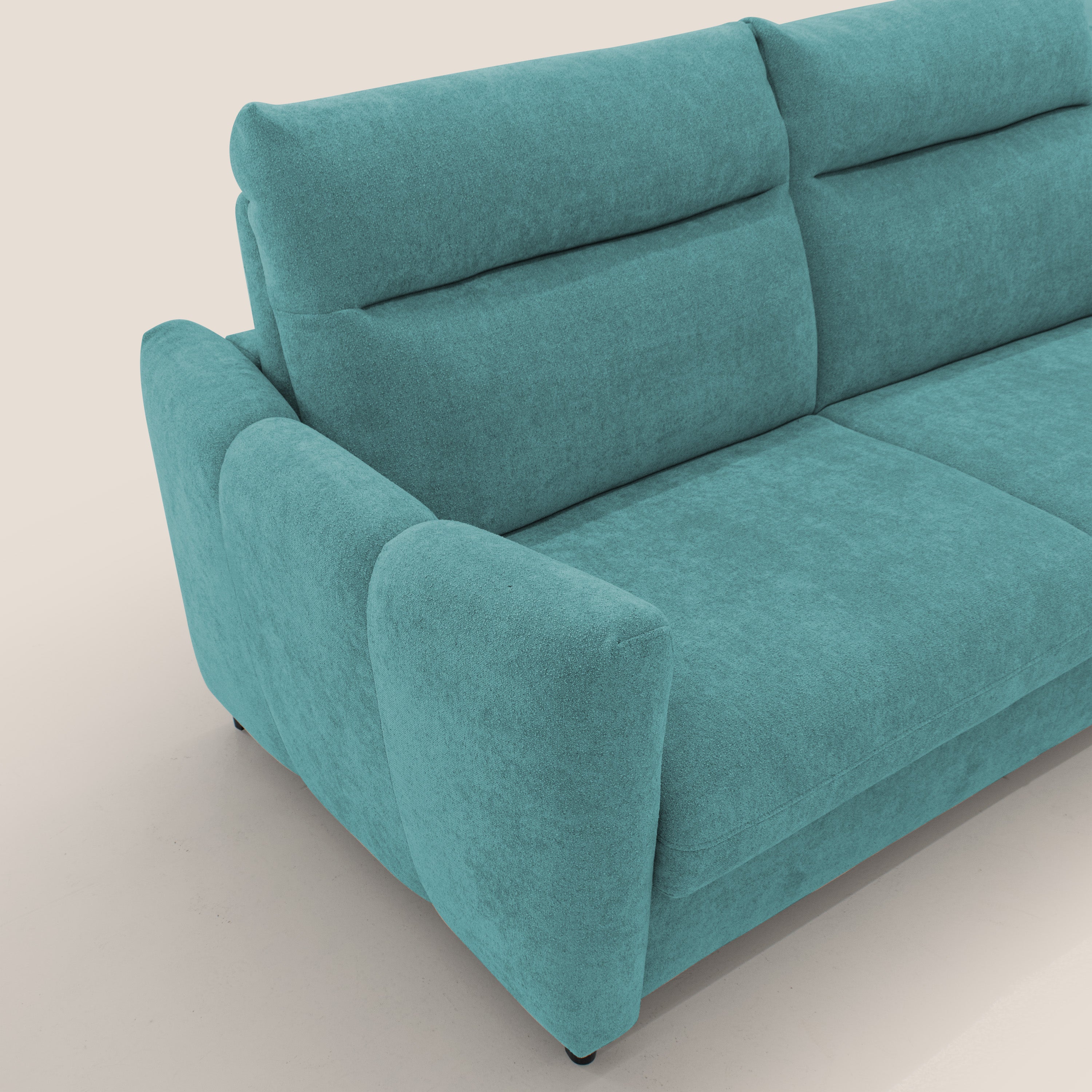 Peonia divano letto scandinavo con materasso H18 cm e morbido e alto schienale in tessuto Bouclé impermeabile T07 azzurro - divani.store