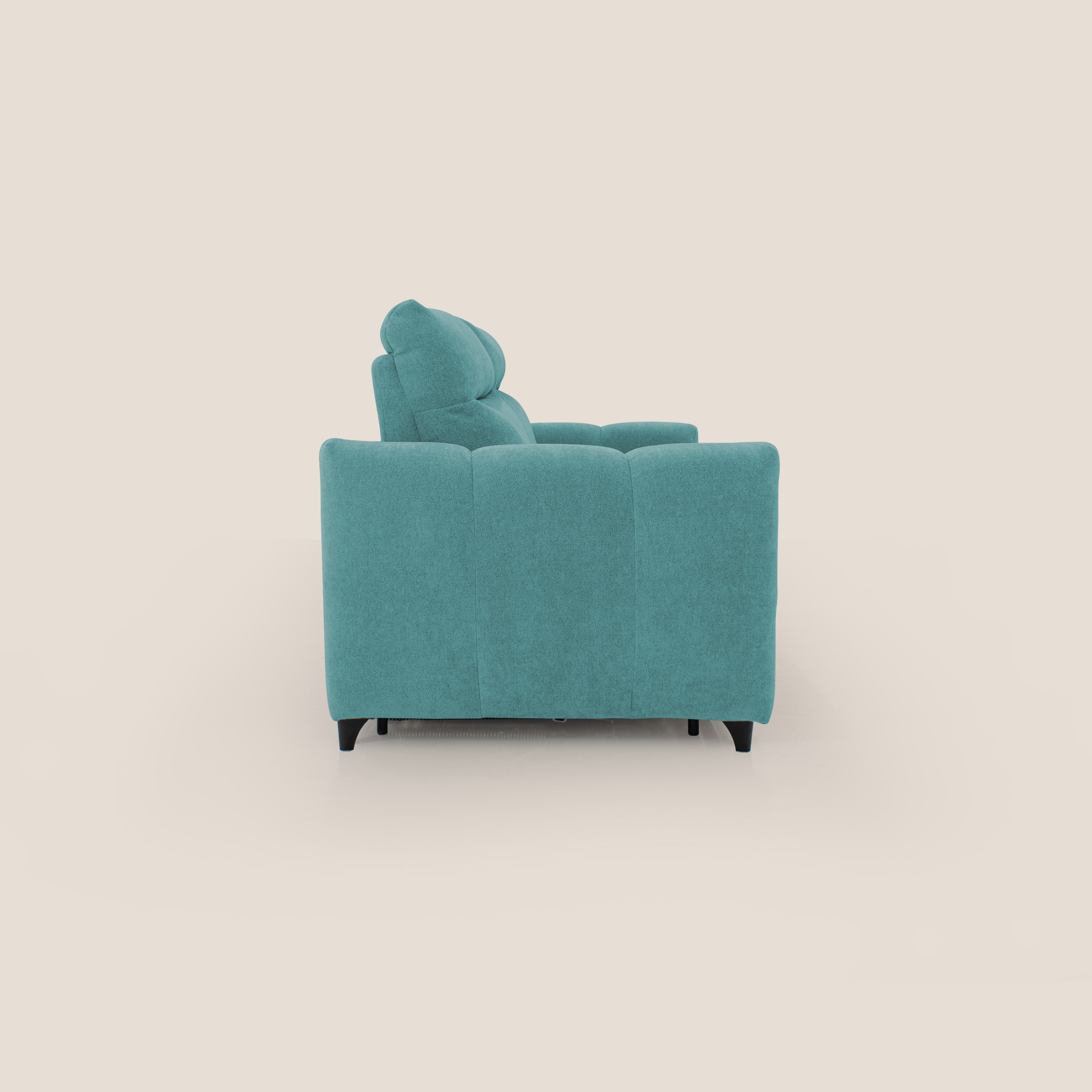 Peonia divano letto scandinavo con materasso H18 cm e morbido e alto schienale in tessuto Bouclé impermeabile T07 azzurro - divani.store