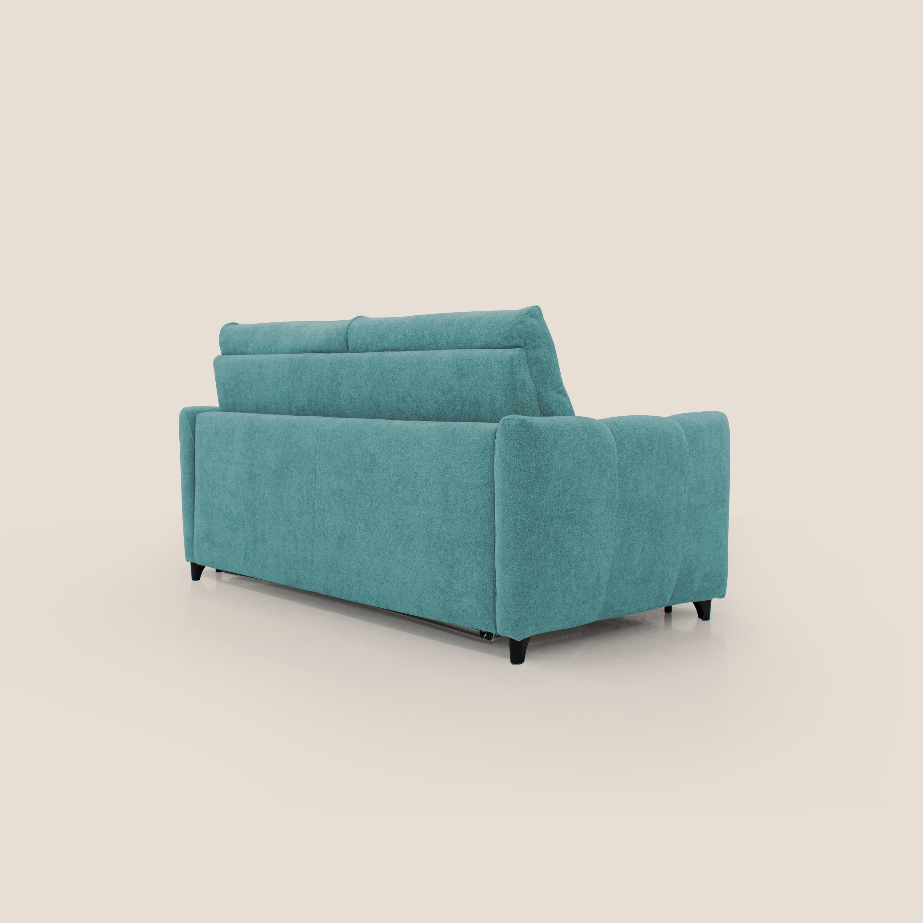Peonia divano letto scandinavo con materasso H18 cm e morbido e alto schienale in tessuto Bouclé impermeabile T07 azzurro - divani.store