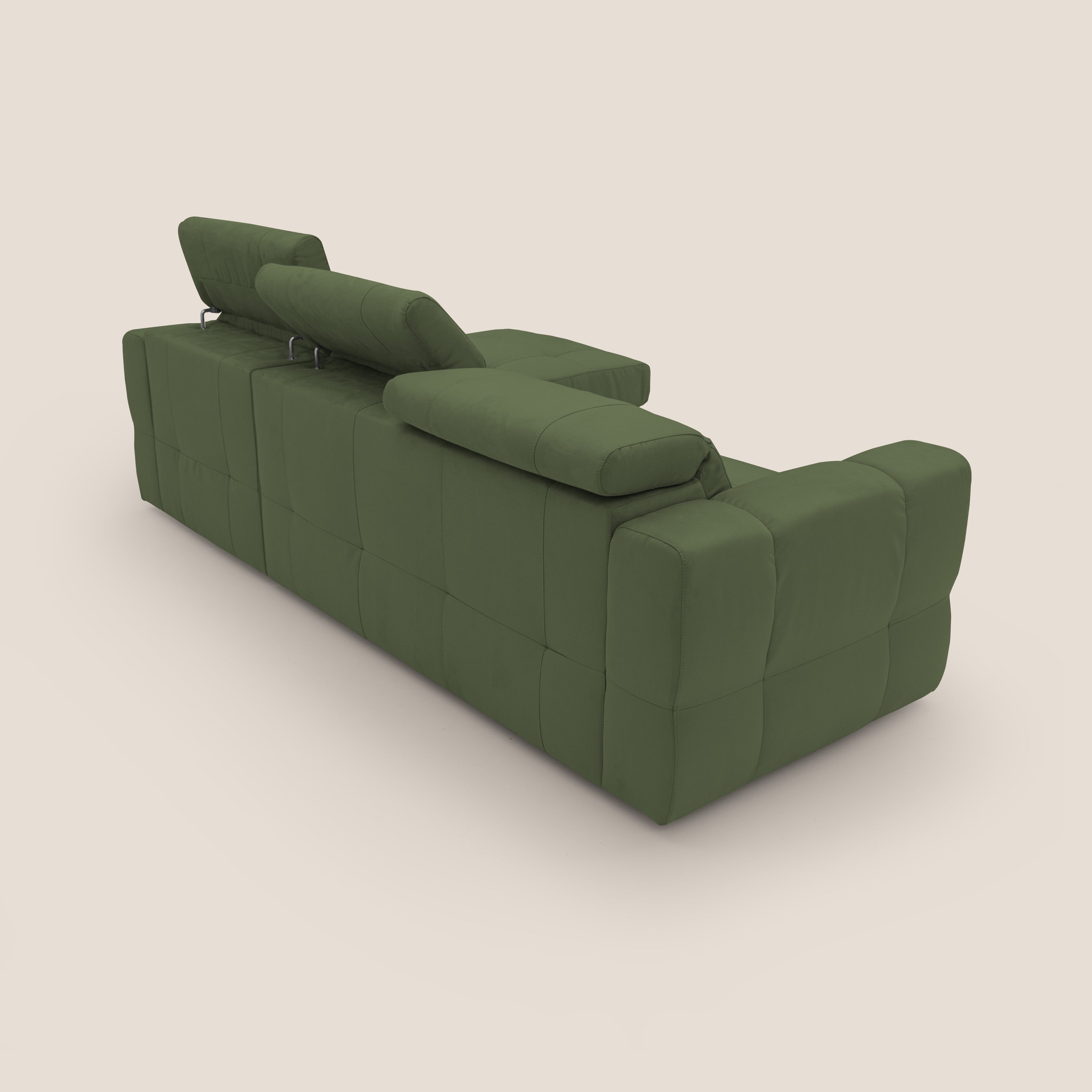 Kronos Divano angolare con pouf estraibile e penisola contenitore in microfibra impermeabile T11 verde - divani.store