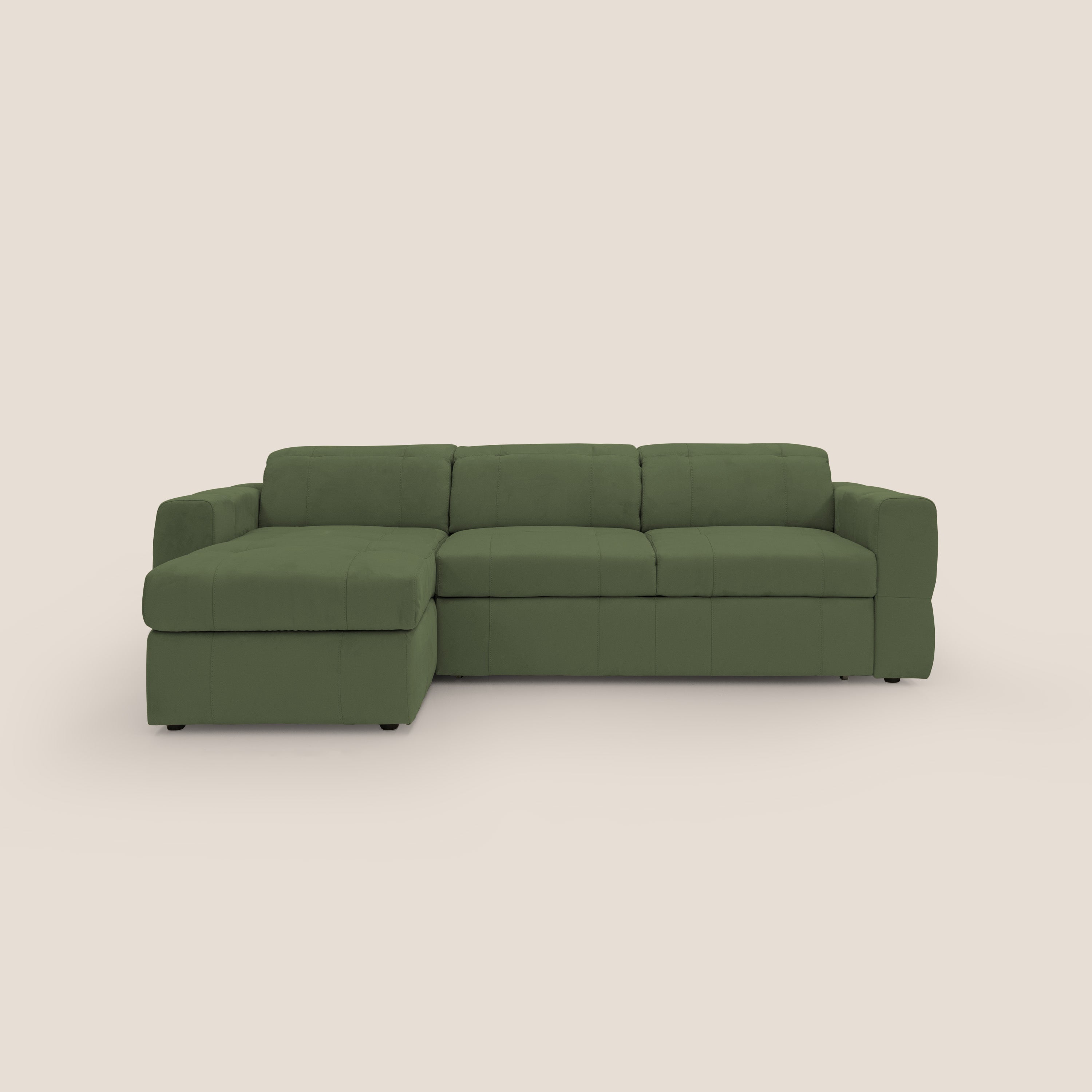 Kronos Divano angolare con pouf estraibile e penisola contenitore in microfibra impermeabile T11 verde - divani.store