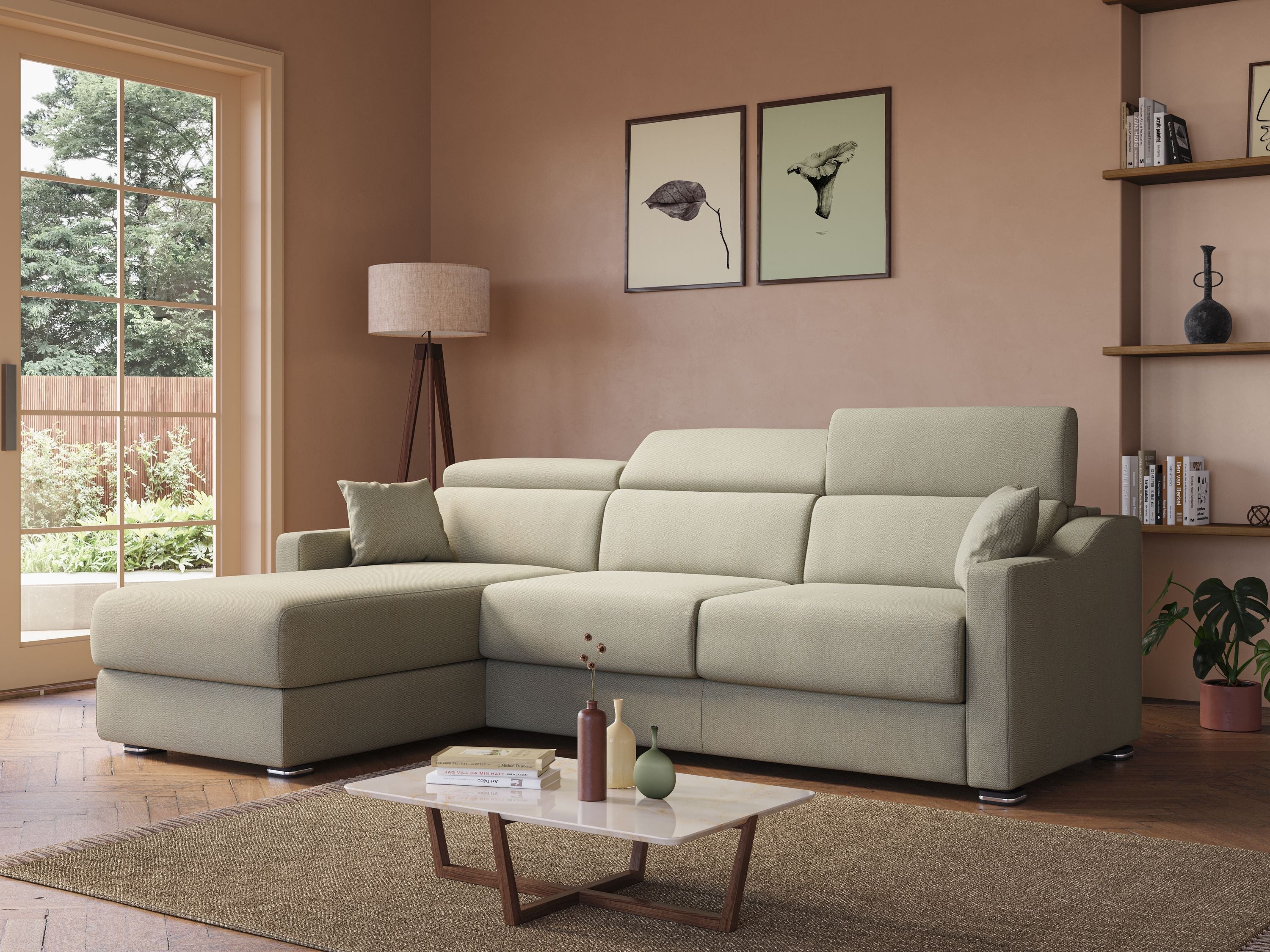 Amber divano letto angolare in tessuto smacchiabile T05 beige - divani.store