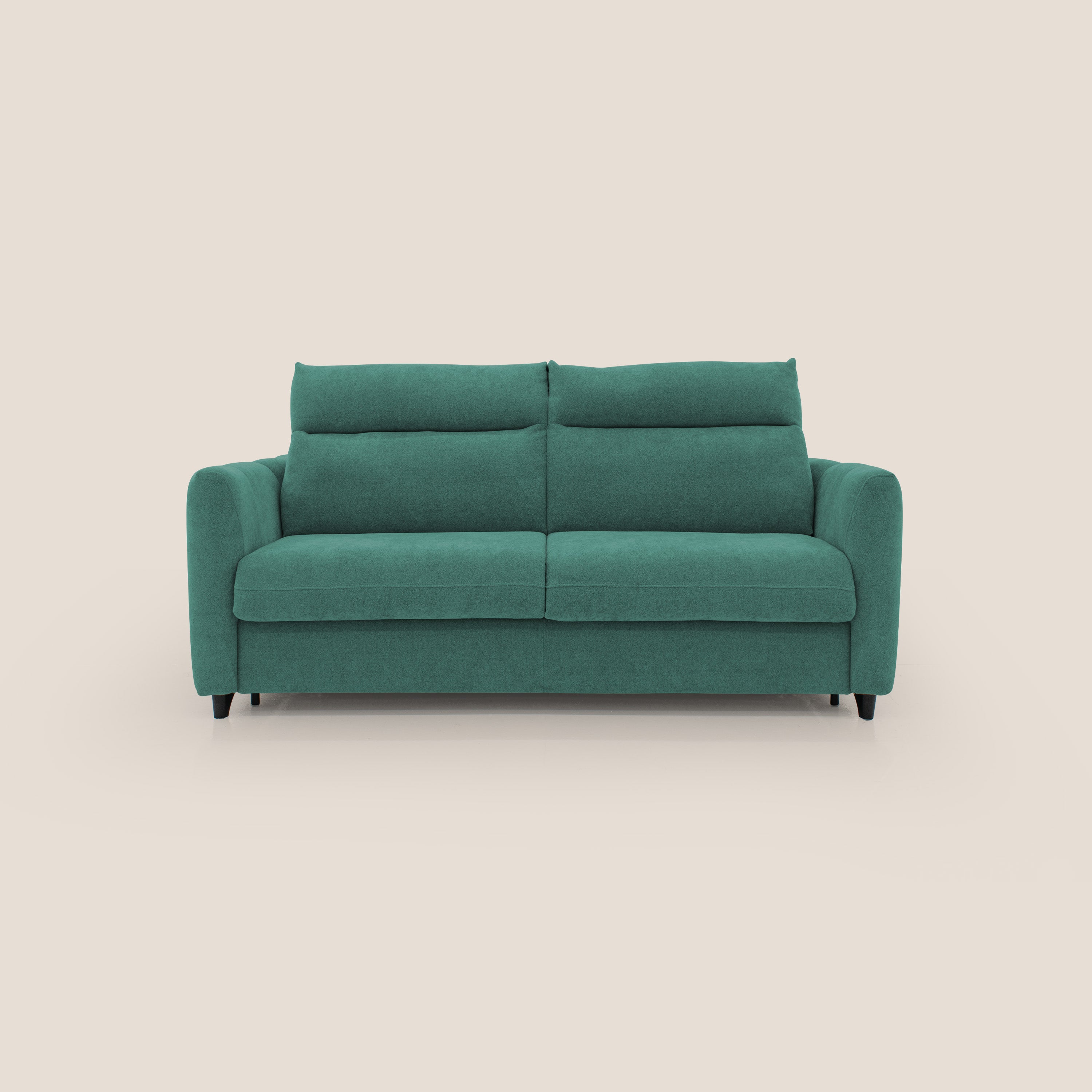 Peonia divano letto scandinavo con materasso H18 cm e morbido e alto schienale in tessuto Bouclé impermeabile T07 verde - divani.store